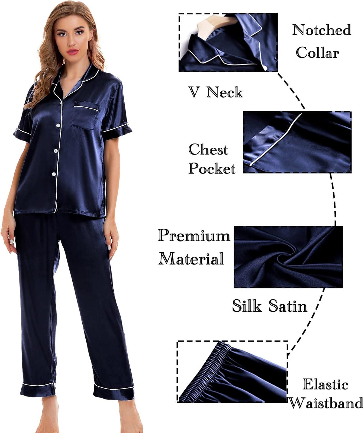 imageSWOMOG Womens Silk Satin Pajamas Sets 4pcs Sleepwear Sexy Cami Shorts Set and Button Down Short Sleeve Pjs LoungewearDeep Navy Blue