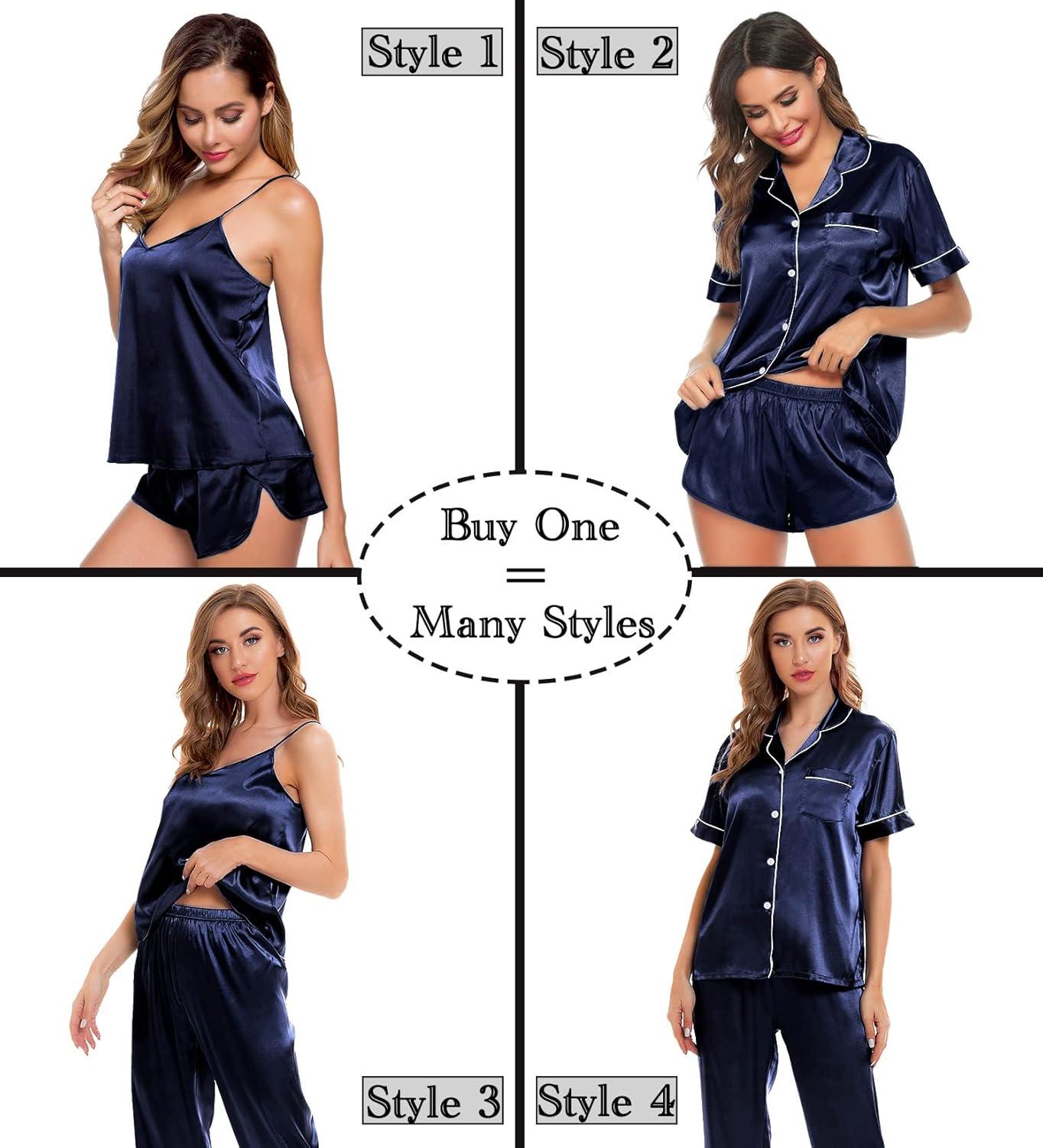 imageSWOMOG Womens Silk Satin Pajamas Sets 4pcs Sleepwear Sexy Cami Shorts Set and Button Down Short Sleeve Pjs LoungewearDeep Navy Blue