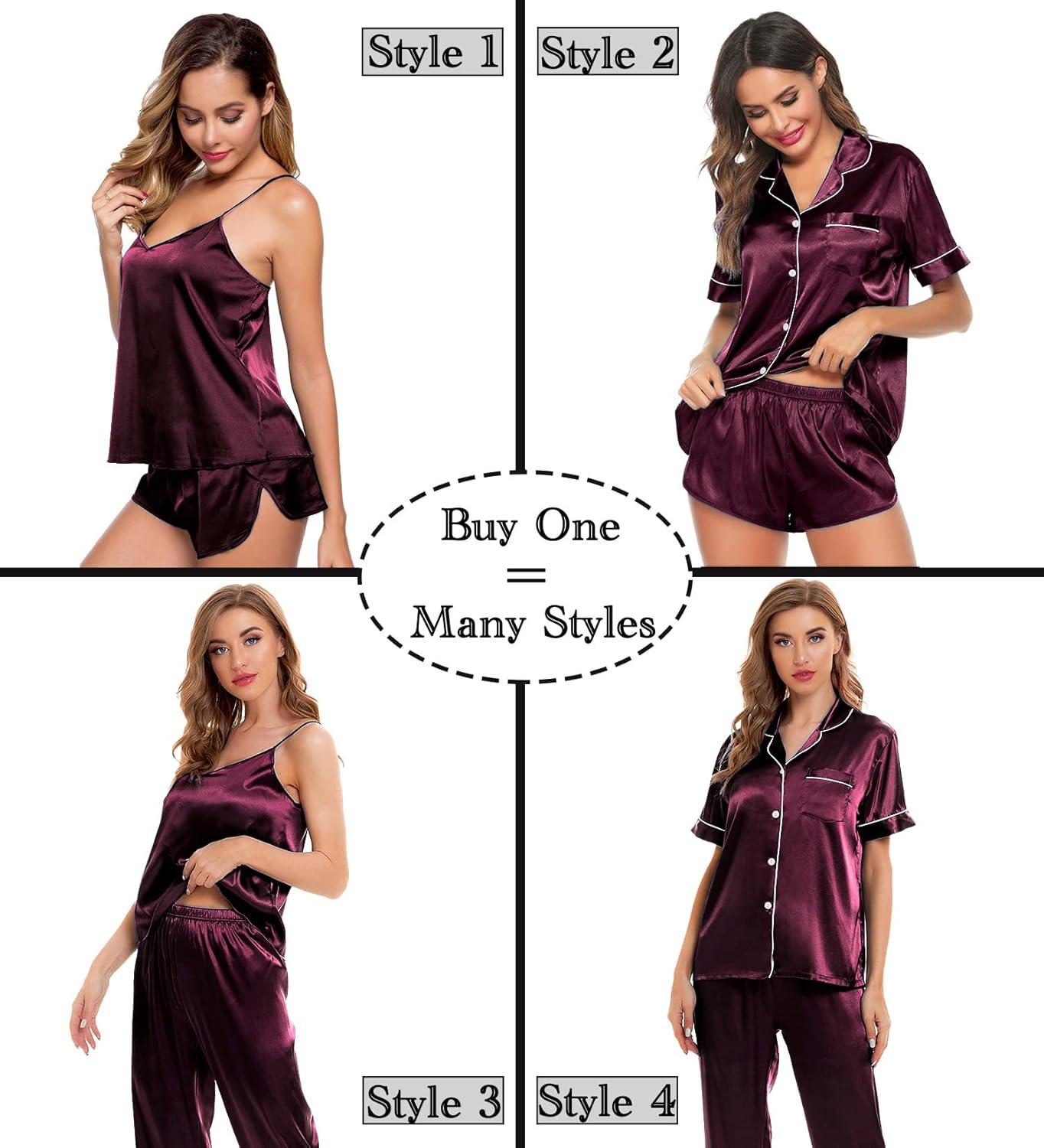 imageSWOMOG Womens Silk Satin Pajamas Sets 4pcs Sleepwear Sexy Cami Shorts Set and Button Down Short Sleeve Pjs LoungewearDeep Wine Red