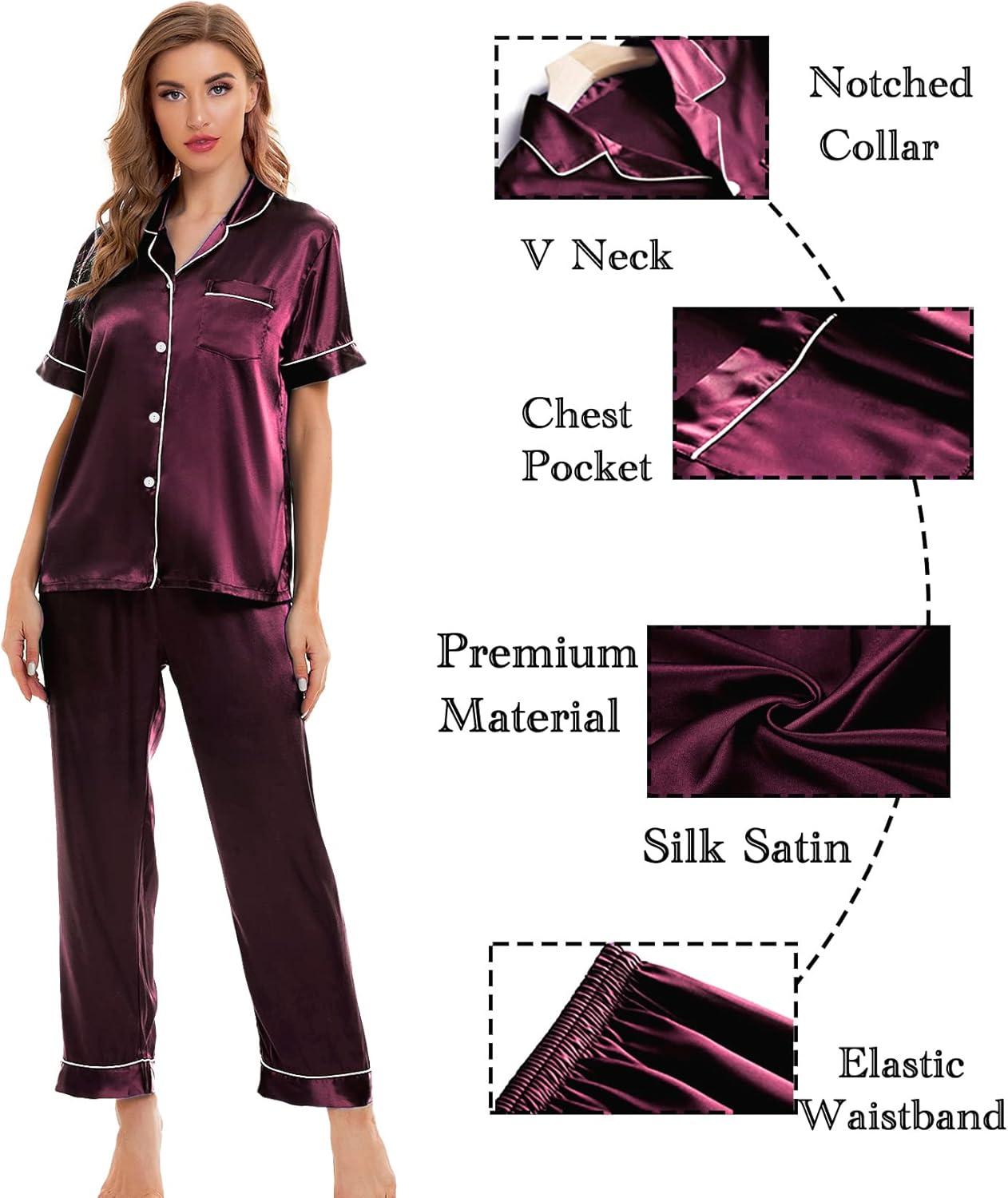 imageSWOMOG Womens Silk Satin Pajamas Sets 4pcs Sleepwear Sexy Cami Shorts Set and Button Down Short Sleeve Pjs LoungewearDeep Wine Red