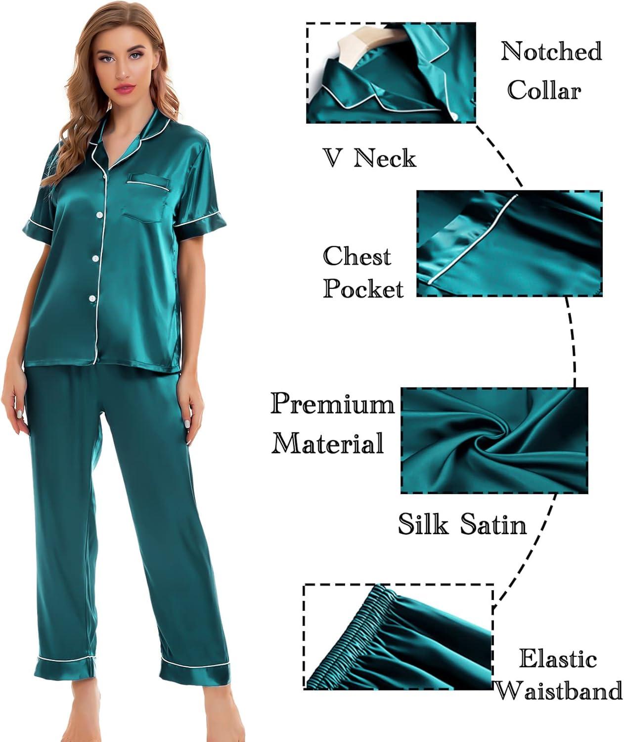 imageSWOMOG Womens Silk Satin Pajamas Sets 4pcs Sleepwear Sexy Cami Shorts Set and Button Down Short Sleeve Pjs LoungewearGreen