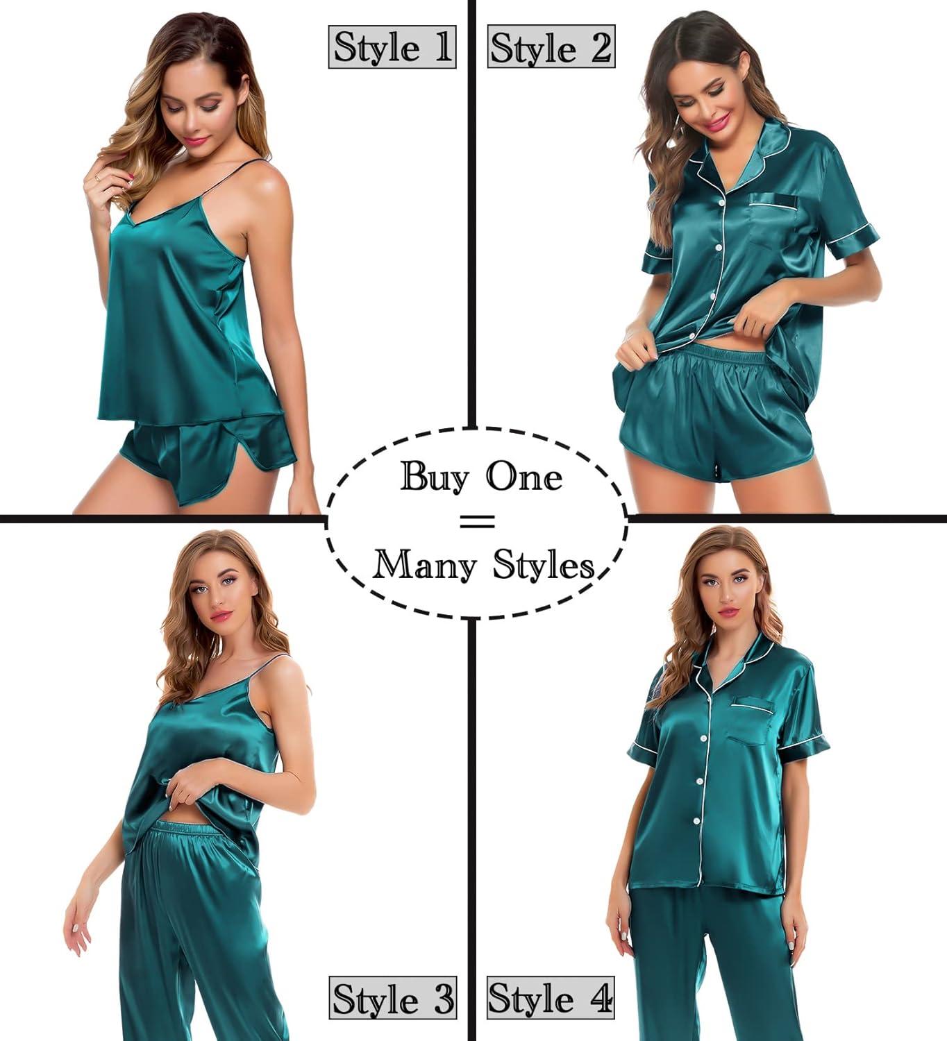 imageSWOMOG Womens Silk Satin Pajamas Sets 4pcs Sleepwear Sexy Cami Shorts Set and Button Down Short Sleeve Pjs LoungewearGreen