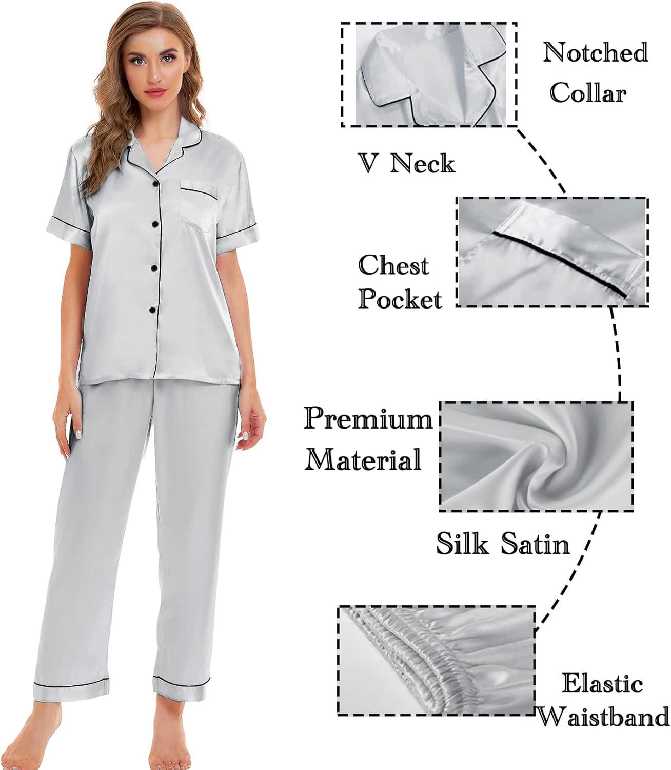imageSWOMOG Womens Silk Satin Pajamas Sets 4pcs Sleepwear Sexy Cami Shorts Set and Button Down Short Sleeve Pjs LoungewearGrey