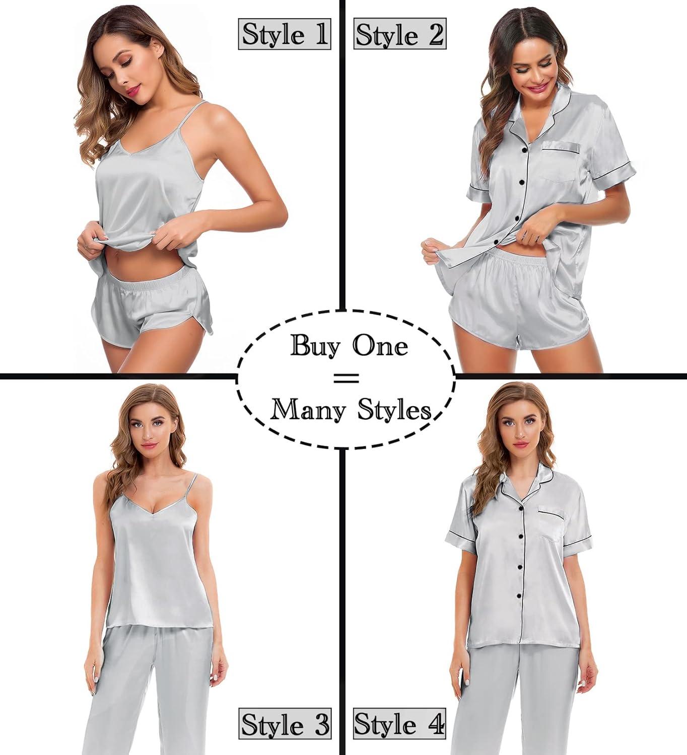 imageSWOMOG Womens Silk Satin Pajamas Sets 4pcs Sleepwear Sexy Cami Shorts Set and Button Down Short Sleeve Pjs LoungewearGrey