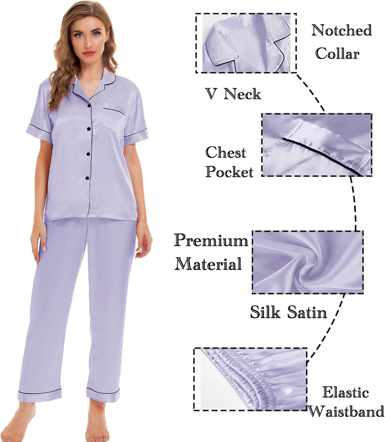 imageSWOMOG Womens Silk Satin Pajamas Sets 4pcs Sleepwear Sexy Cami Shorts Set and Button Down Short Sleeve Pjs LoungewearLavender