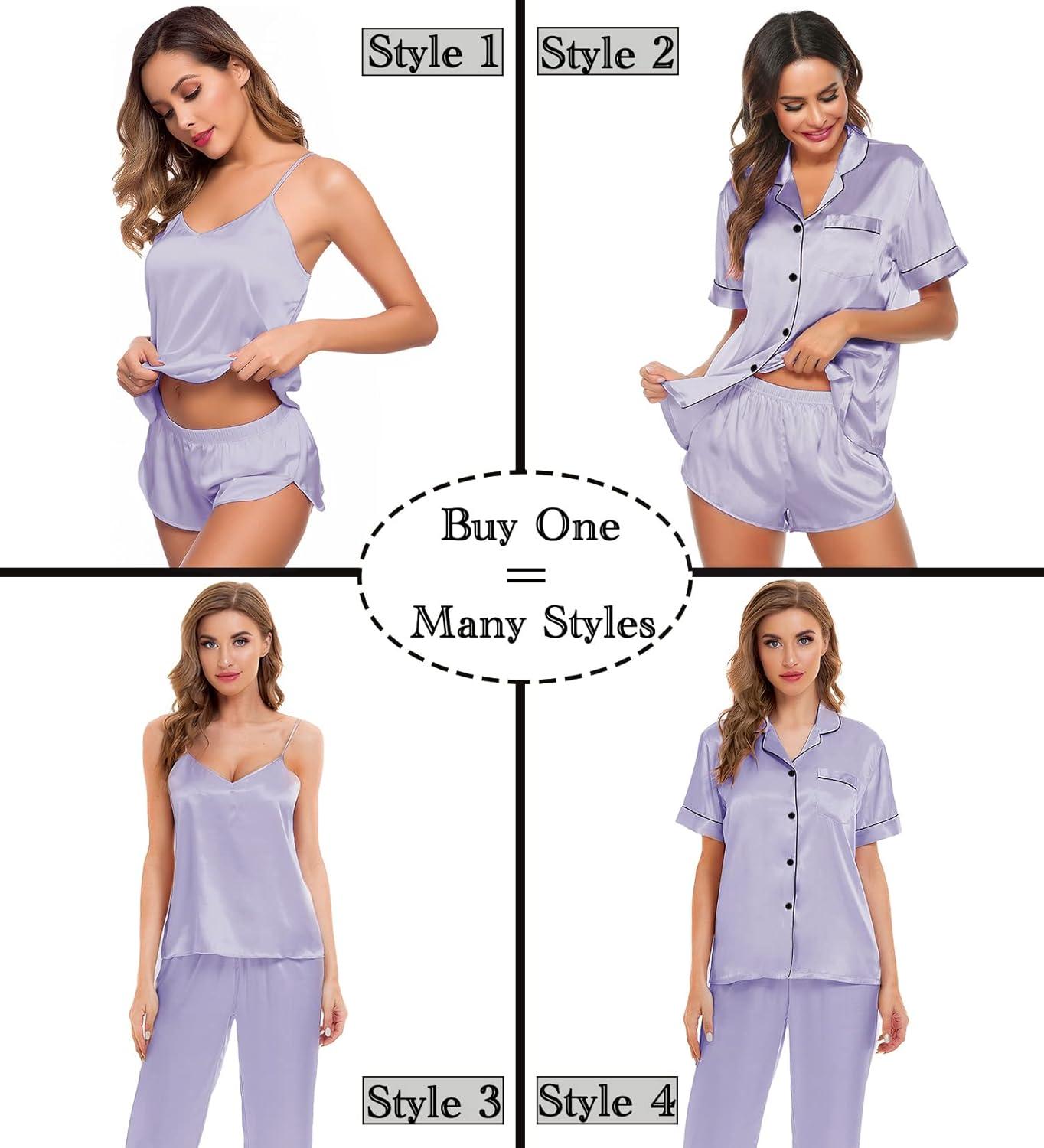 imageSWOMOG Womens Silk Satin Pajamas Sets 4pcs Sleepwear Sexy Cami Shorts Set and Button Down Short Sleeve Pjs LoungewearLavender