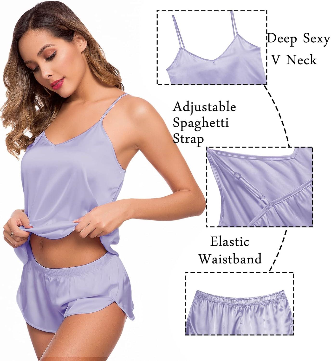 imageSWOMOG Womens Silk Satin Pajamas Sets 4pcs Sleepwear Sexy Cami Shorts Set and Button Down Short Sleeve Pjs LoungewearLavender
