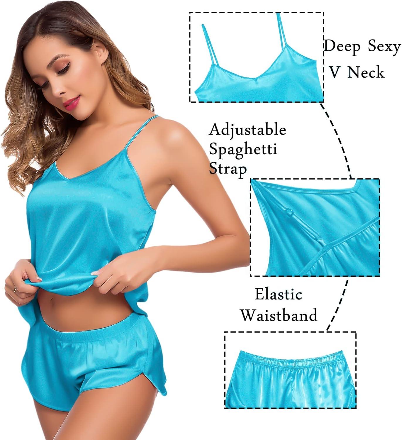 imageSWOMOG Womens Silk Satin Pajamas Sets 4pcs Sleepwear Sexy Cami Shorts Set and Button Down Short Sleeve Pjs LoungewearLight Blue