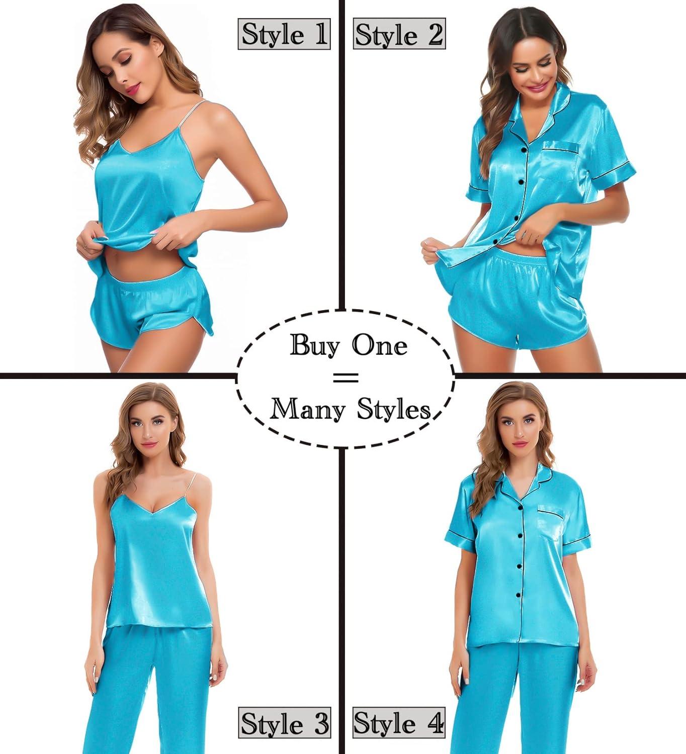 imageSWOMOG Womens Silk Satin Pajamas Sets 4pcs Sleepwear Sexy Cami Shorts Set and Button Down Short Sleeve Pjs LoungewearLight Blue