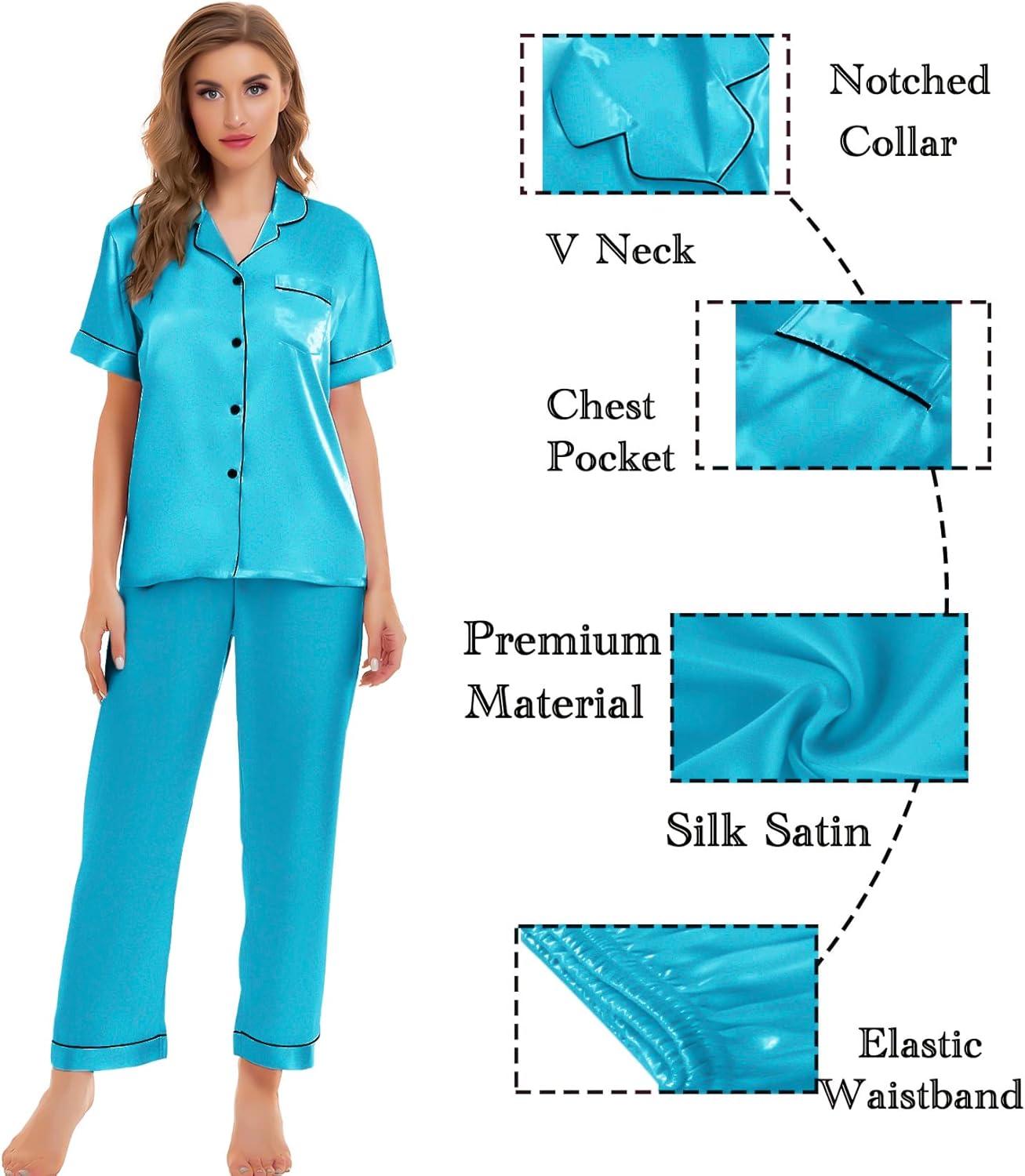 imageSWOMOG Womens Silk Satin Pajamas Sets 4pcs Sleepwear Sexy Cami Shorts Set and Button Down Short Sleeve Pjs LoungewearLight Blue