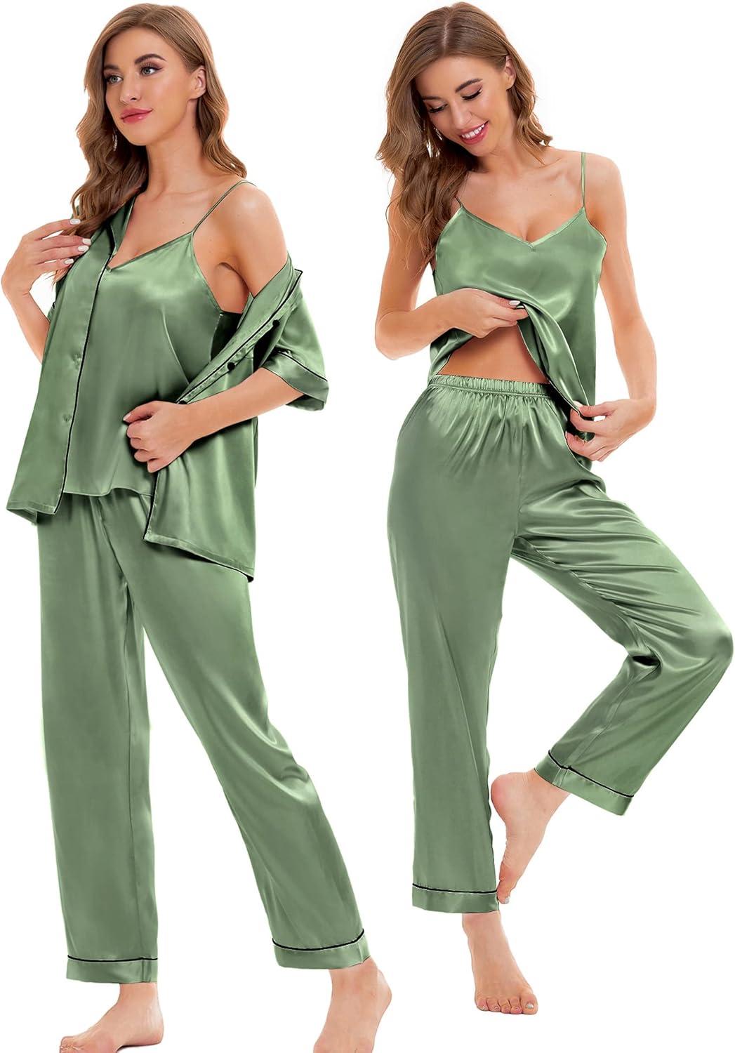 imageSWOMOG Womens Silk Satin Pajamas Sets 4pcs Sleepwear Sexy Cami Shorts Set and Button Down Short Sleeve Pjs LoungewearMatcha