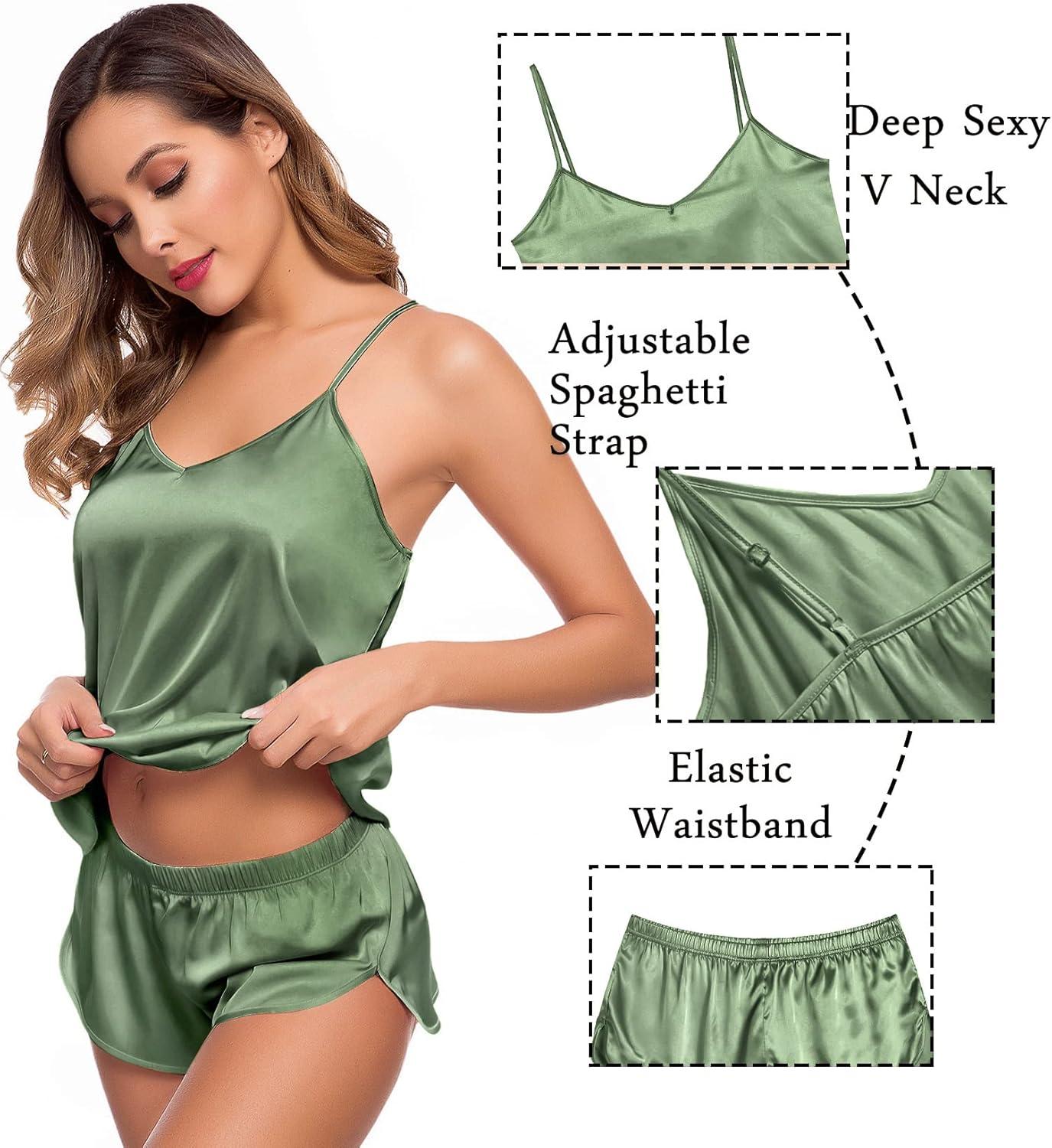 imageSWOMOG Womens Silk Satin Pajamas Sets 4pcs Sleepwear Sexy Cami Shorts Set and Button Down Short Sleeve Pjs LoungewearMatcha