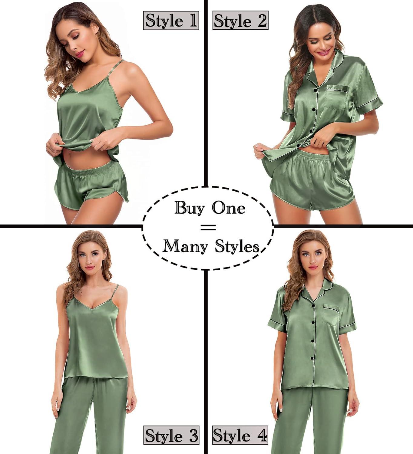 imageSWOMOG Womens Silk Satin Pajamas Sets 4pcs Sleepwear Sexy Cami Shorts Set and Button Down Short Sleeve Pjs LoungewearMatcha