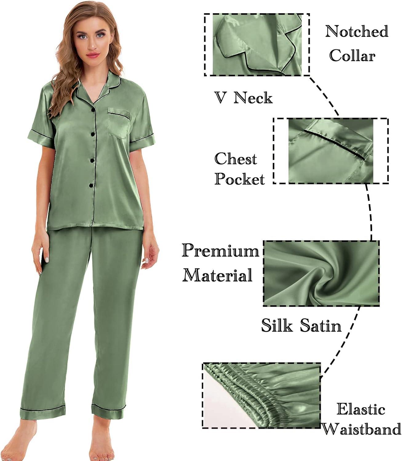 imageSWOMOG Womens Silk Satin Pajamas Sets 4pcs Sleepwear Sexy Cami Shorts Set and Button Down Short Sleeve Pjs LoungewearMatcha