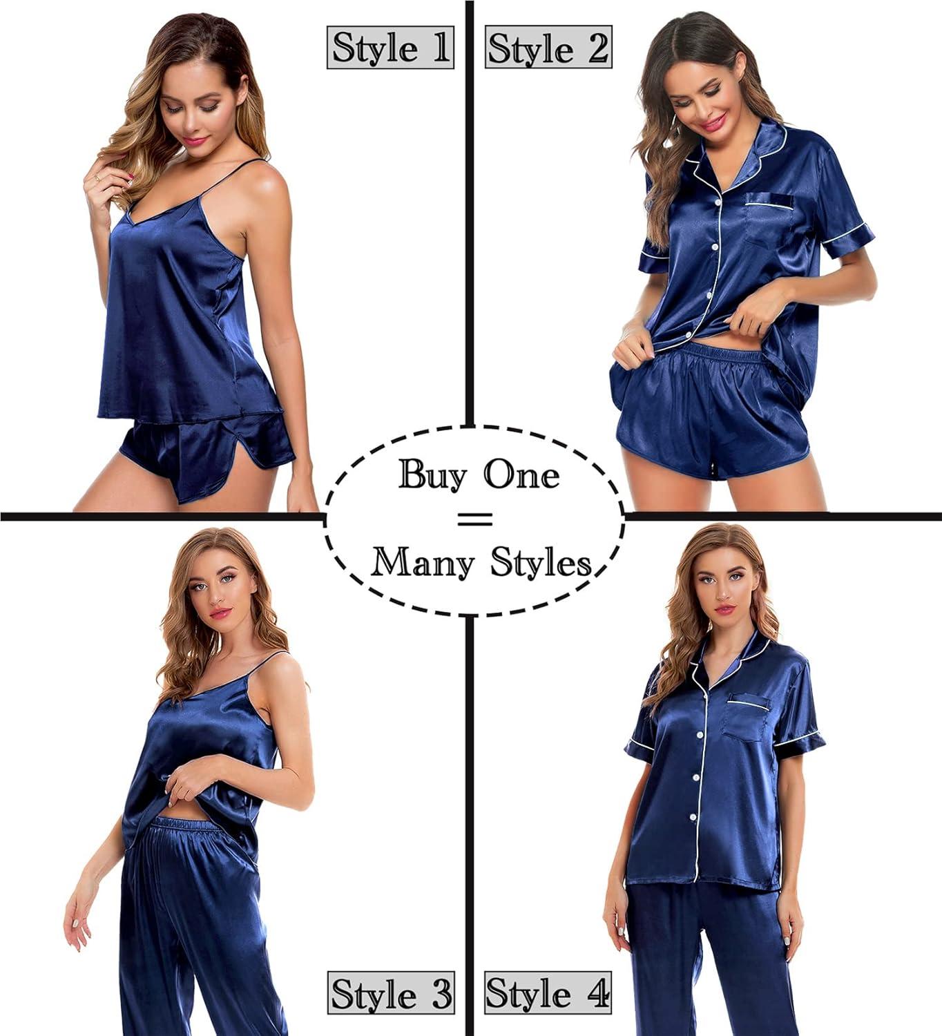 imageSWOMOG Womens Silk Satin Pajamas Sets 4pcs Sleepwear Sexy Cami Shorts Set and Button Down Short Sleeve Pjs LoungewearNavy Blue
