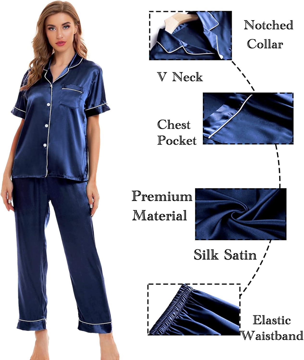 imageSWOMOG Womens Silk Satin Pajamas Sets 4pcs Sleepwear Sexy Cami Shorts Set and Button Down Short Sleeve Pjs LoungewearNavy Blue