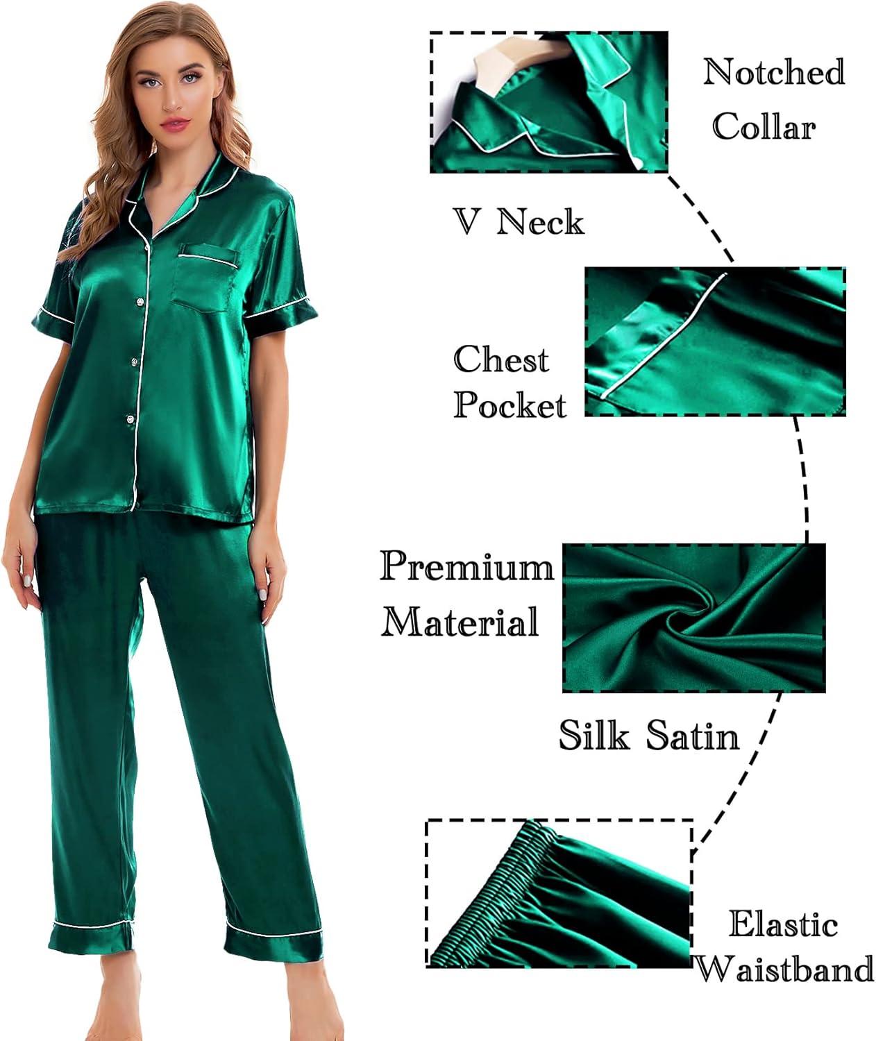 imageSWOMOG Womens Silk Satin Pajamas Sets 4pcs Sleepwear Sexy Cami Shorts Set and Button Down Short Sleeve Pjs LoungewearPersian Green