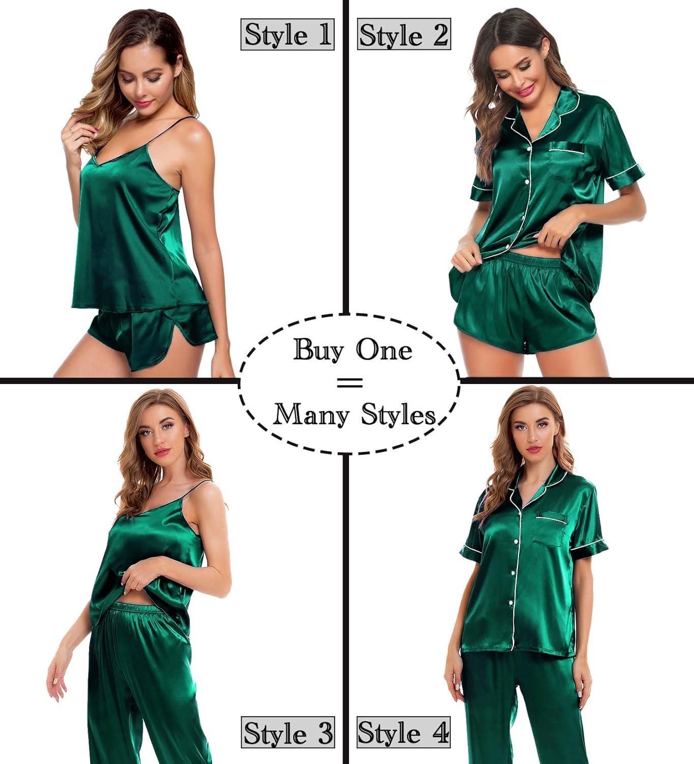 imageSWOMOG Womens Silk Satin Pajamas Sets 4pcs Sleepwear Sexy Cami Shorts Set and Button Down Short Sleeve Pjs LoungewearPersian Green