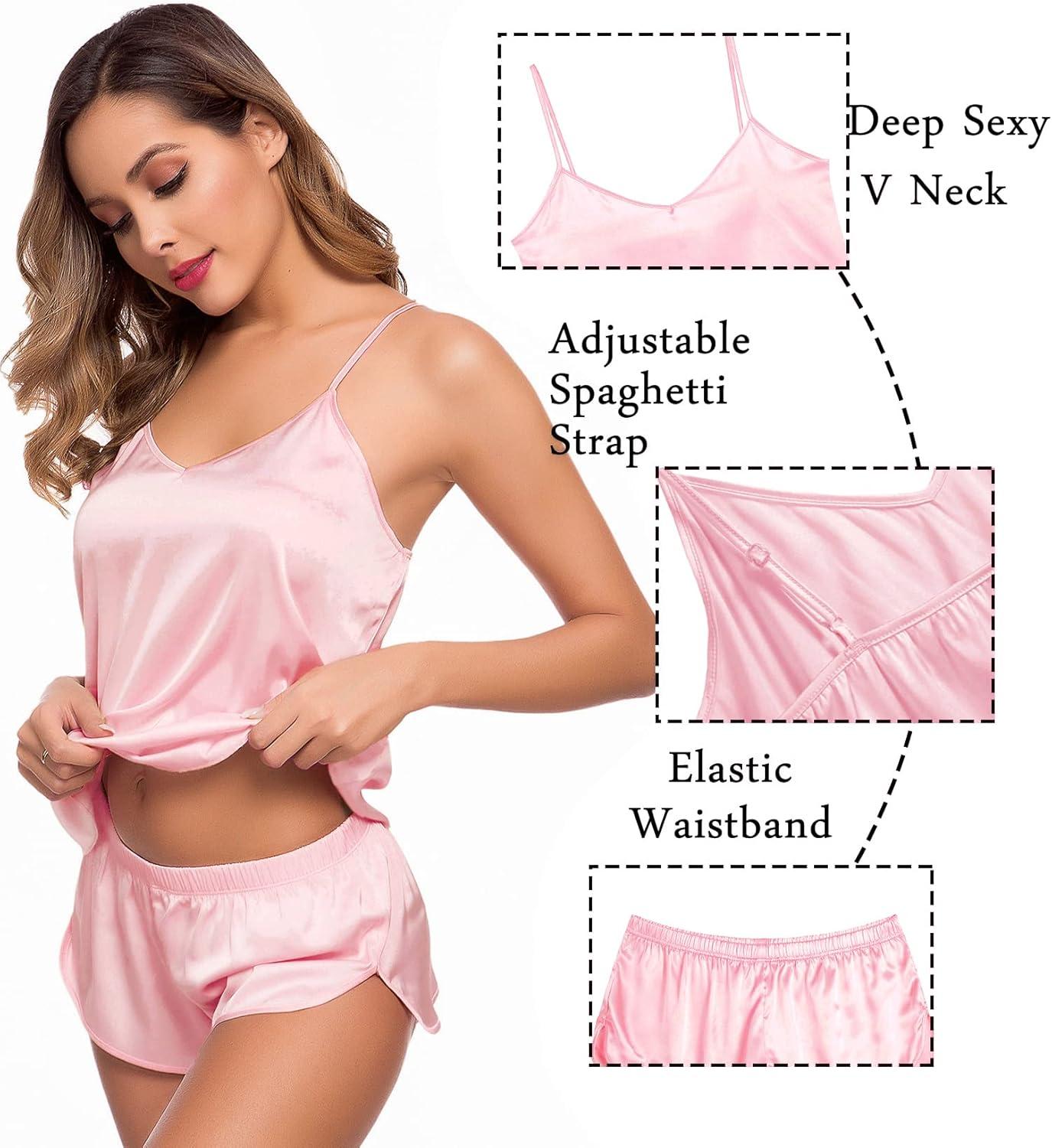 imageSWOMOG Womens Silk Satin Pajamas Sets 4pcs Sleepwear Sexy Cami Shorts Set and Button Down Short Sleeve Pjs LoungewearPink
