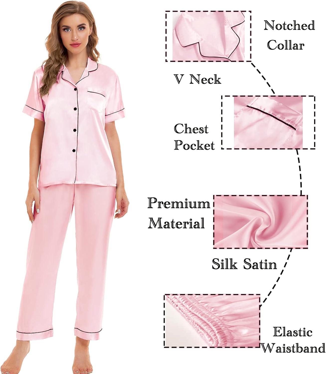 imageSWOMOG Womens Silk Satin Pajamas Sets 4pcs Sleepwear Sexy Cami Shorts Set and Button Down Short Sleeve Pjs LoungewearPink