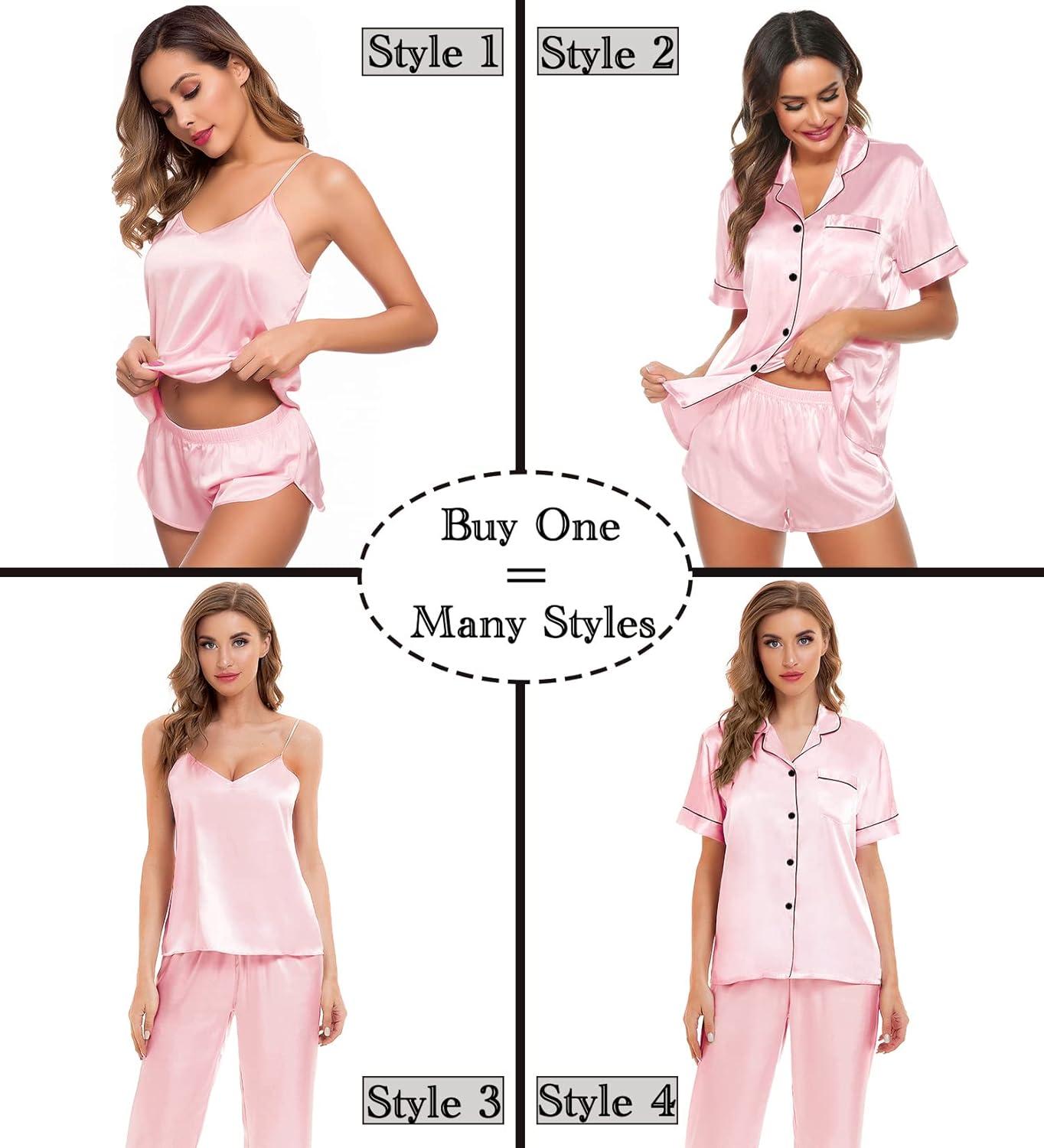 imageSWOMOG Womens Silk Satin Pajamas Sets 4pcs Sleepwear Sexy Cami Shorts Set and Button Down Short Sleeve Pjs LoungewearPink