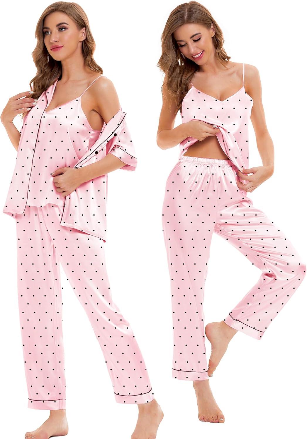 imageSWOMOG Womens Silk Satin Pajamas Sets 4pcs Sleepwear Sexy Cami Shorts Set and Button Down Short Sleeve Pjs LoungewearPink Dots