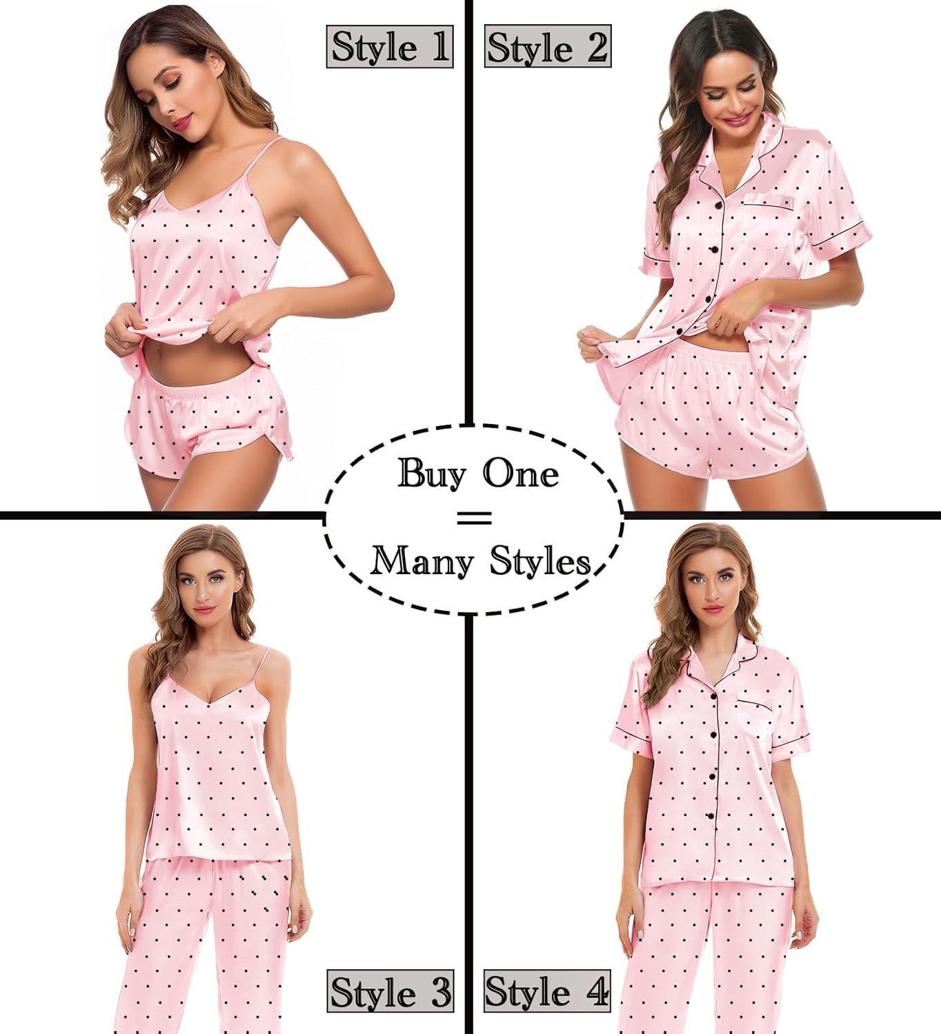 imageSWOMOG Womens Silk Satin Pajamas Sets 4pcs Sleepwear Sexy Cami Shorts Set and Button Down Short Sleeve Pjs LoungewearPink Dots