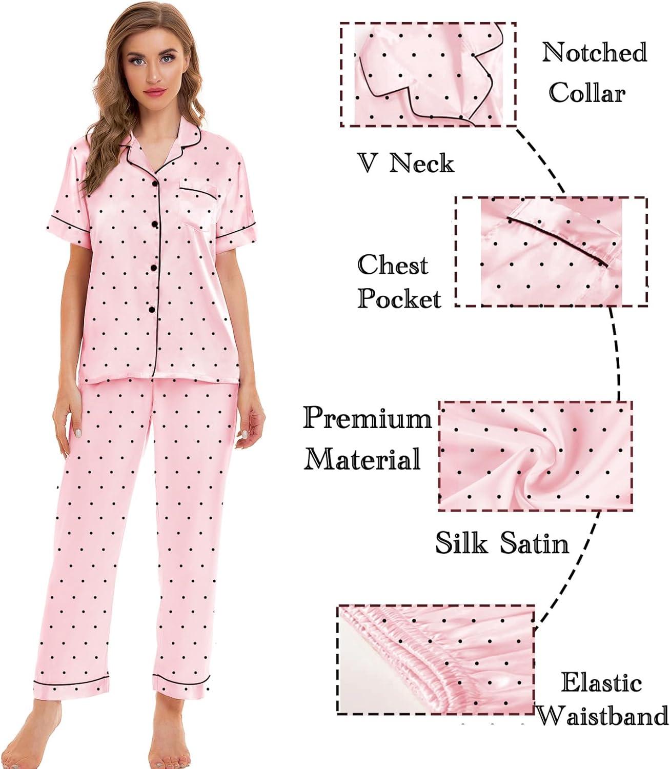 imageSWOMOG Womens Silk Satin Pajamas Sets 4pcs Sleepwear Sexy Cami Shorts Set and Button Down Short Sleeve Pjs LoungewearPink Dots