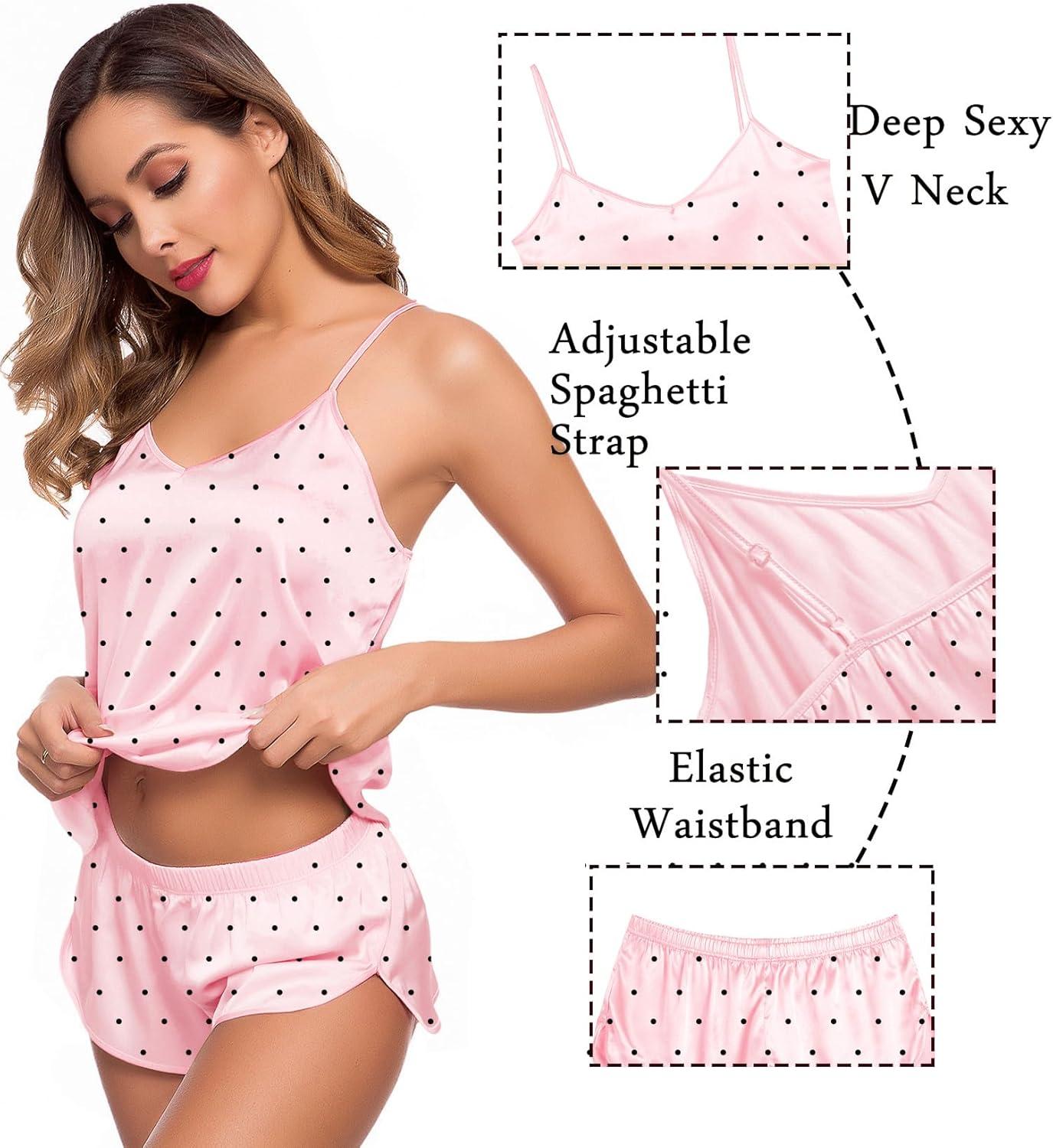 imageSWOMOG Womens Silk Satin Pajamas Sets 4pcs Sleepwear Sexy Cami Shorts Set and Button Down Short Sleeve Pjs LoungewearPink Dots