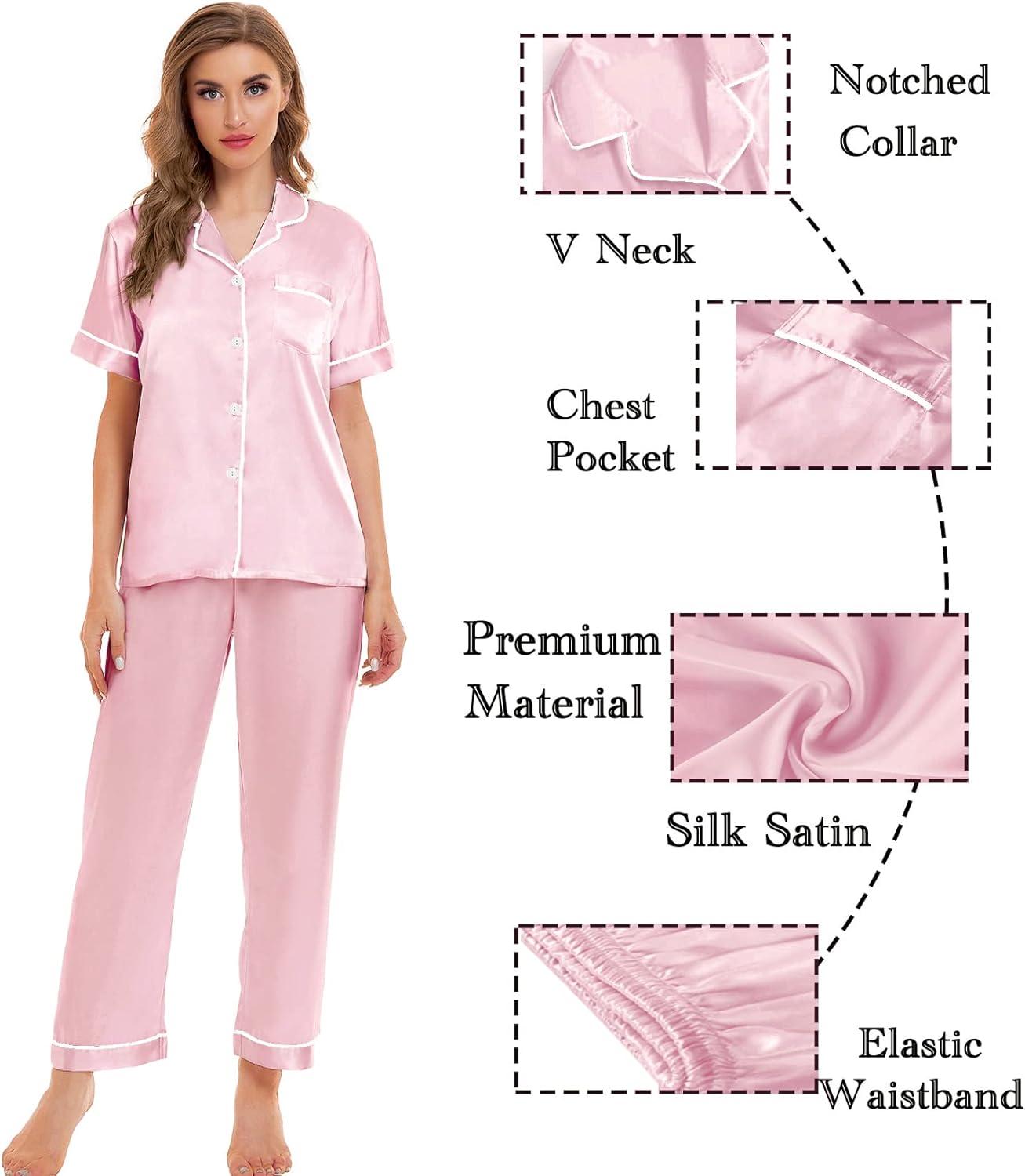 imageSWOMOG Womens Silk Satin Pajamas Sets 4pcs Sleepwear Sexy Cami Shorts Set and Button Down Short Sleeve Pjs LoungewearPink White Piping
