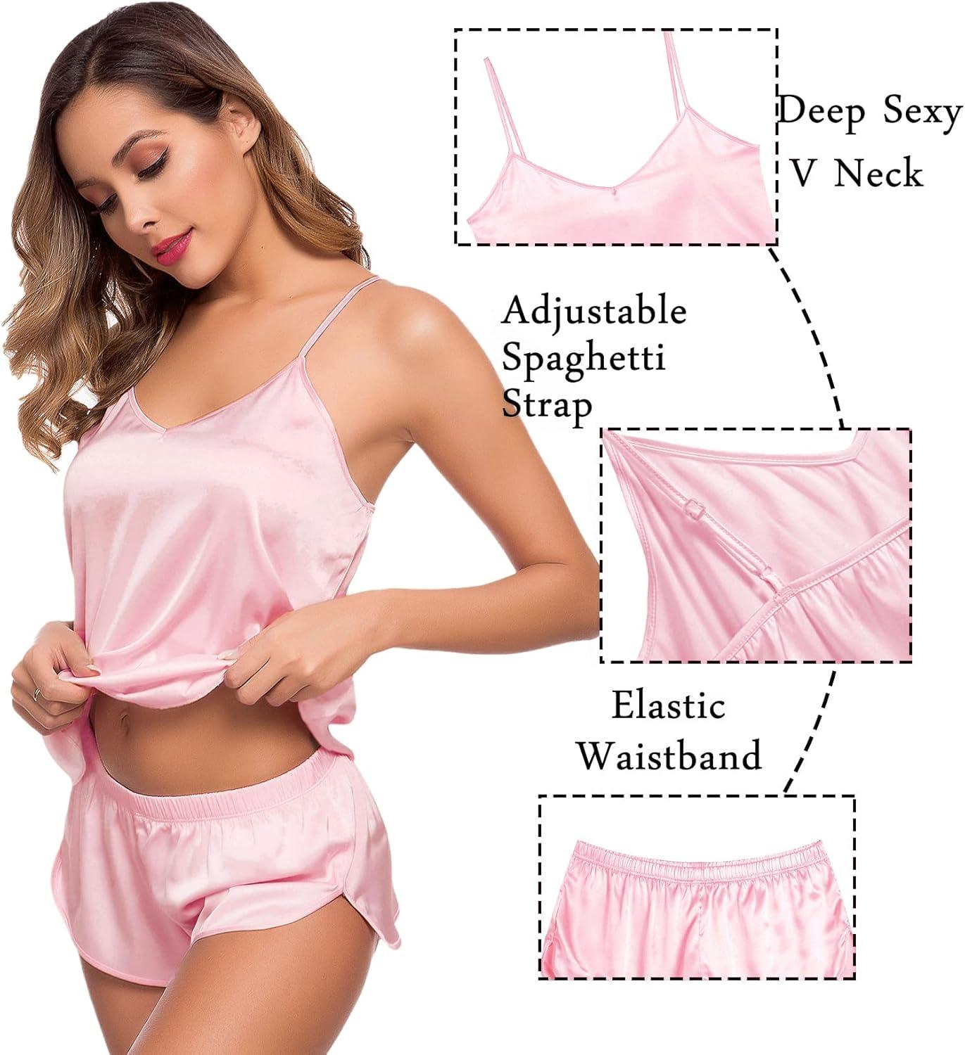 imageSWOMOG Womens Silk Satin Pajamas Sets 4pcs Sleepwear Sexy Cami Shorts Set and Button Down Short Sleeve Pjs LoungewearPink White Piping