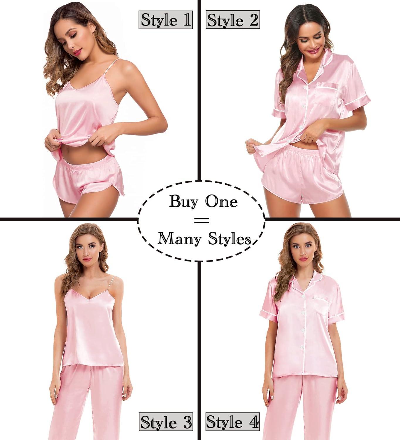 imageSWOMOG Womens Silk Satin Pajamas Sets 4pcs Sleepwear Sexy Cami Shorts Set and Button Down Short Sleeve Pjs LoungewearPink White Piping