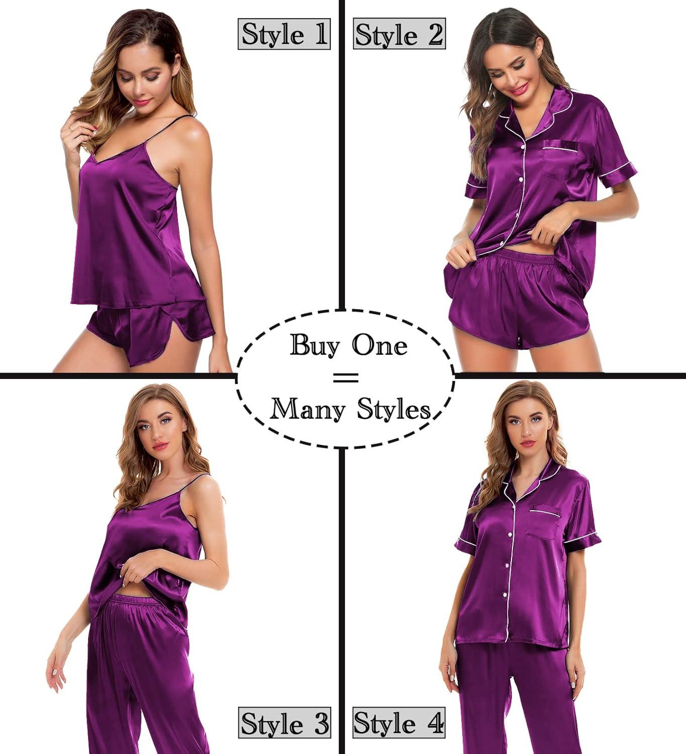 imageSWOMOG Womens Silk Satin Pajamas Sets 4pcs Sleepwear Sexy Cami Shorts Set and Button Down Short Sleeve Pjs LoungewearPurple