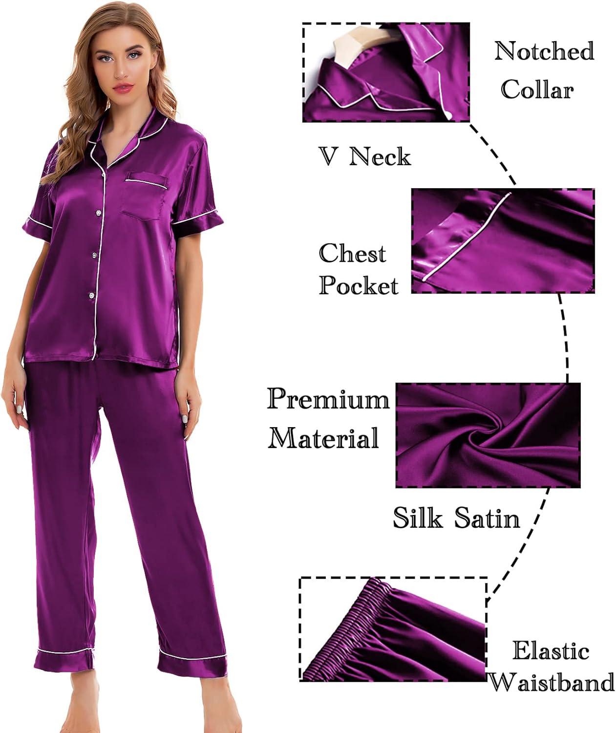 imageSWOMOG Womens Silk Satin Pajamas Sets 4pcs Sleepwear Sexy Cami Shorts Set and Button Down Short Sleeve Pjs LoungewearPurple