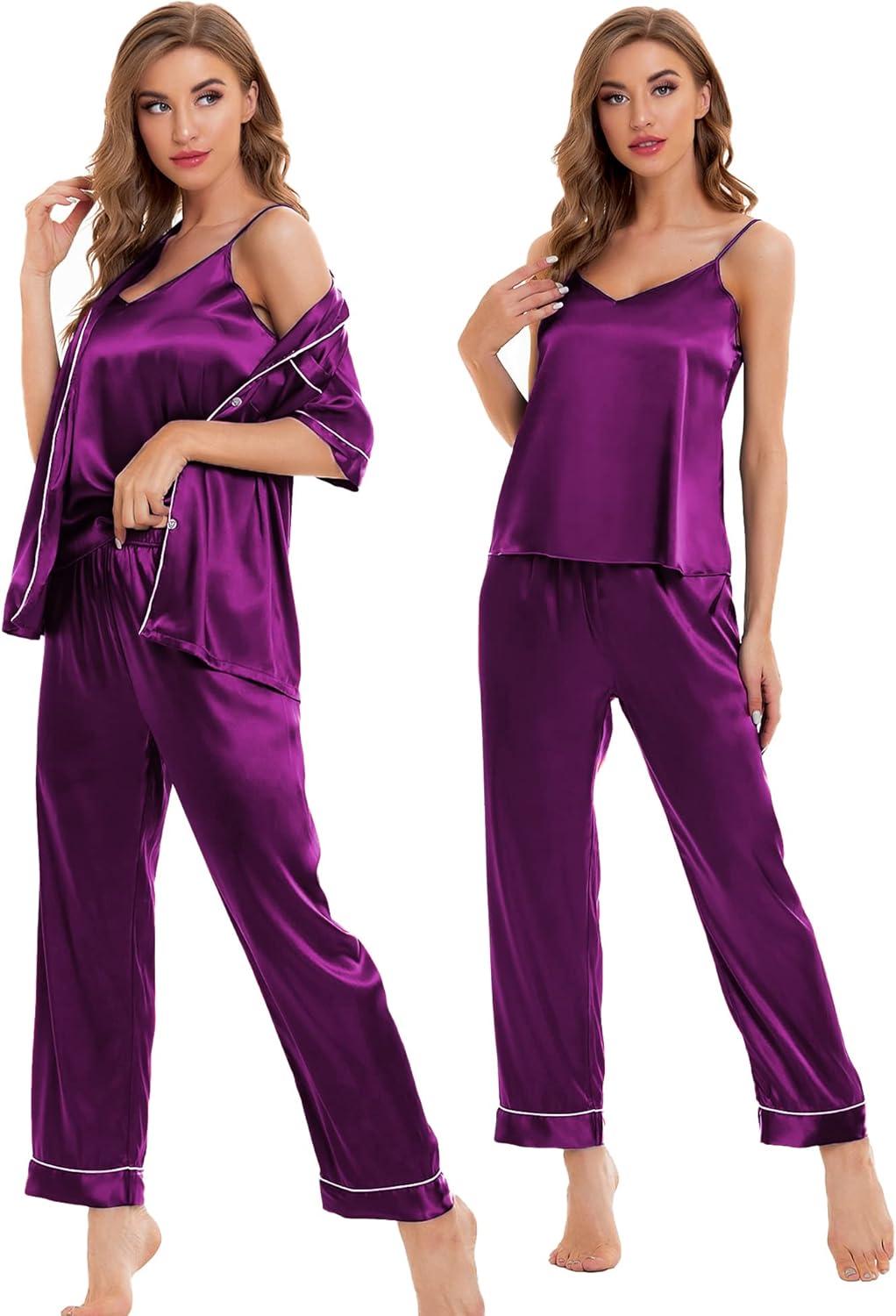 imageSWOMOG Womens Silk Satin Pajamas Sets 4pcs Sleepwear Sexy Cami Shorts Set and Button Down Short Sleeve Pjs LoungewearPurple
