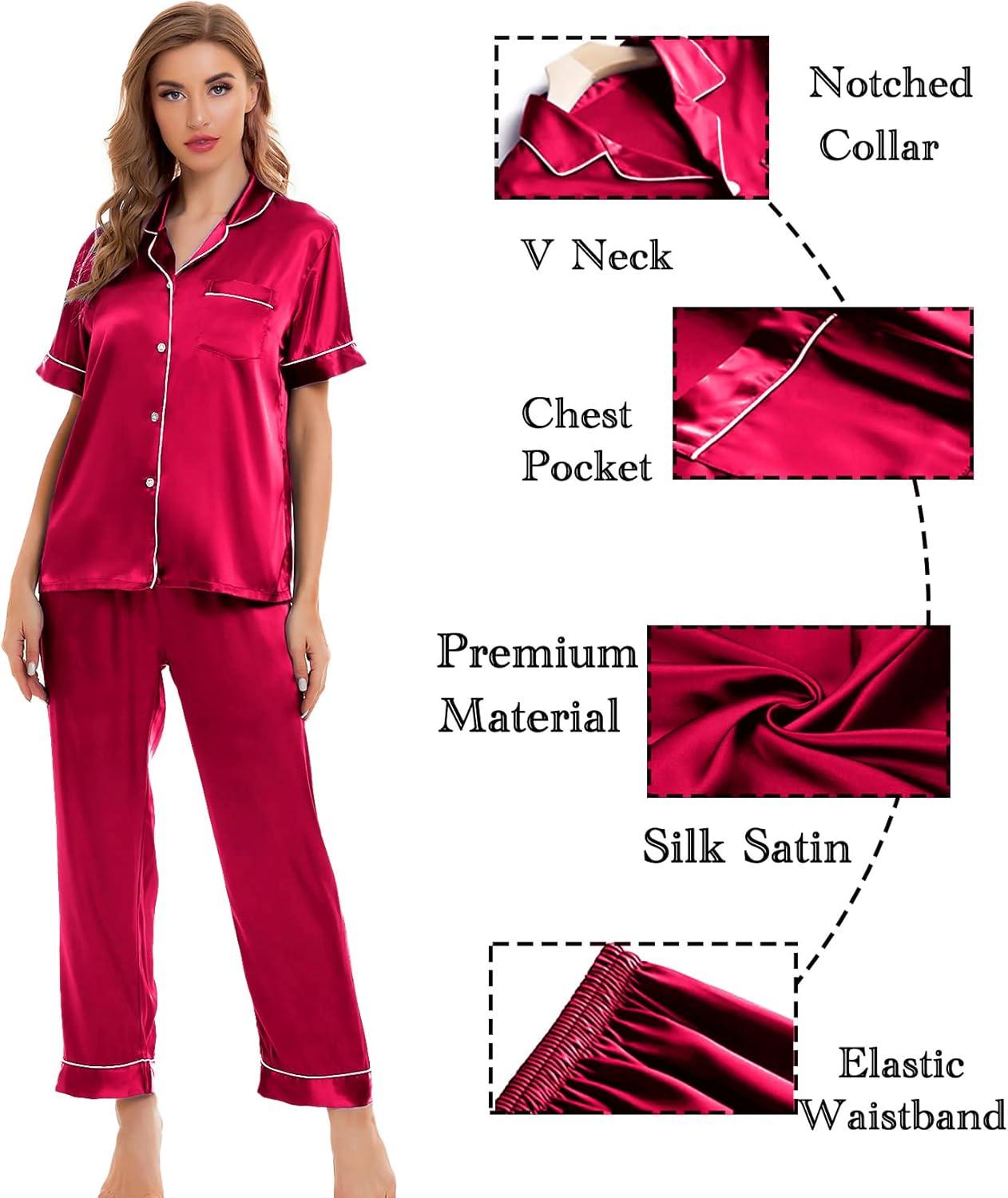 imageSWOMOG Womens Silk Satin Pajamas Sets 4pcs Sleepwear Sexy Cami Shorts Set and Button Down Short Sleeve Pjs LoungewearRed