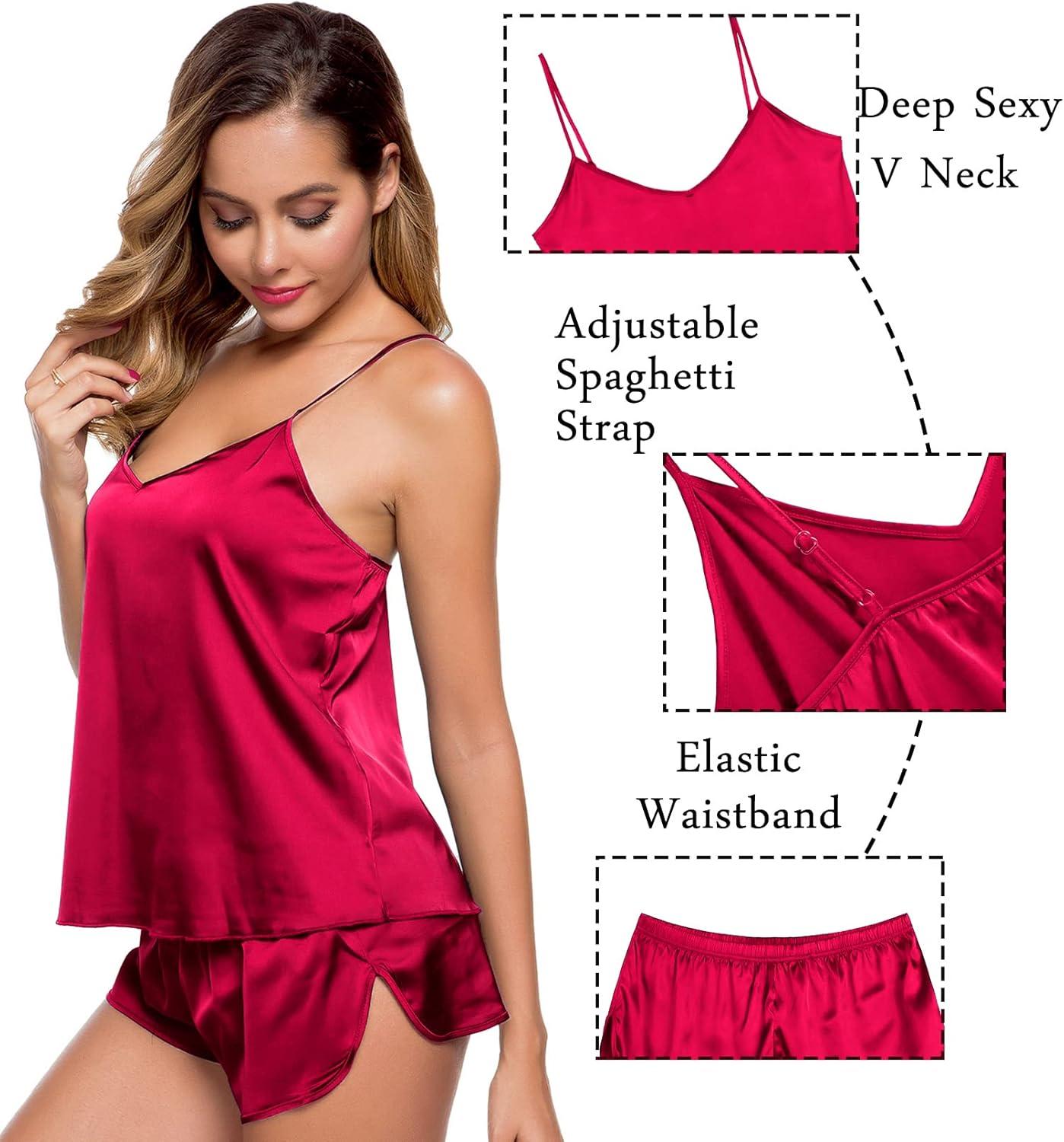 imageSWOMOG Womens Silk Satin Pajamas Sets 4pcs Sleepwear Sexy Cami Shorts Set and Button Down Short Sleeve Pjs LoungewearRed