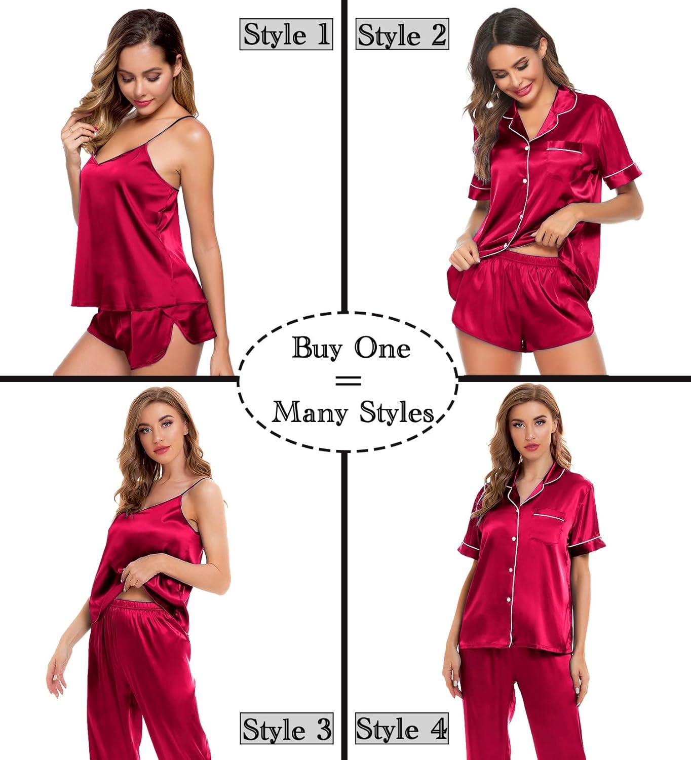 imageSWOMOG Womens Silk Satin Pajamas Sets 4pcs Sleepwear Sexy Cami Shorts Set and Button Down Short Sleeve Pjs LoungewearRed