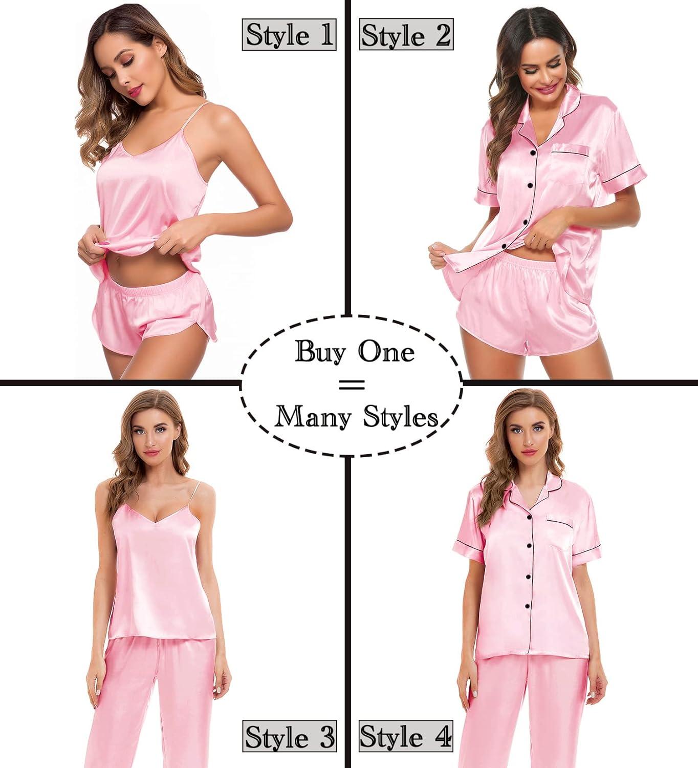 imageSWOMOG Womens Silk Satin Pajamas Sets 4pcs Sleepwear Sexy Cami Shorts Set and Button Down Short Sleeve Pjs LoungewearRose Pink