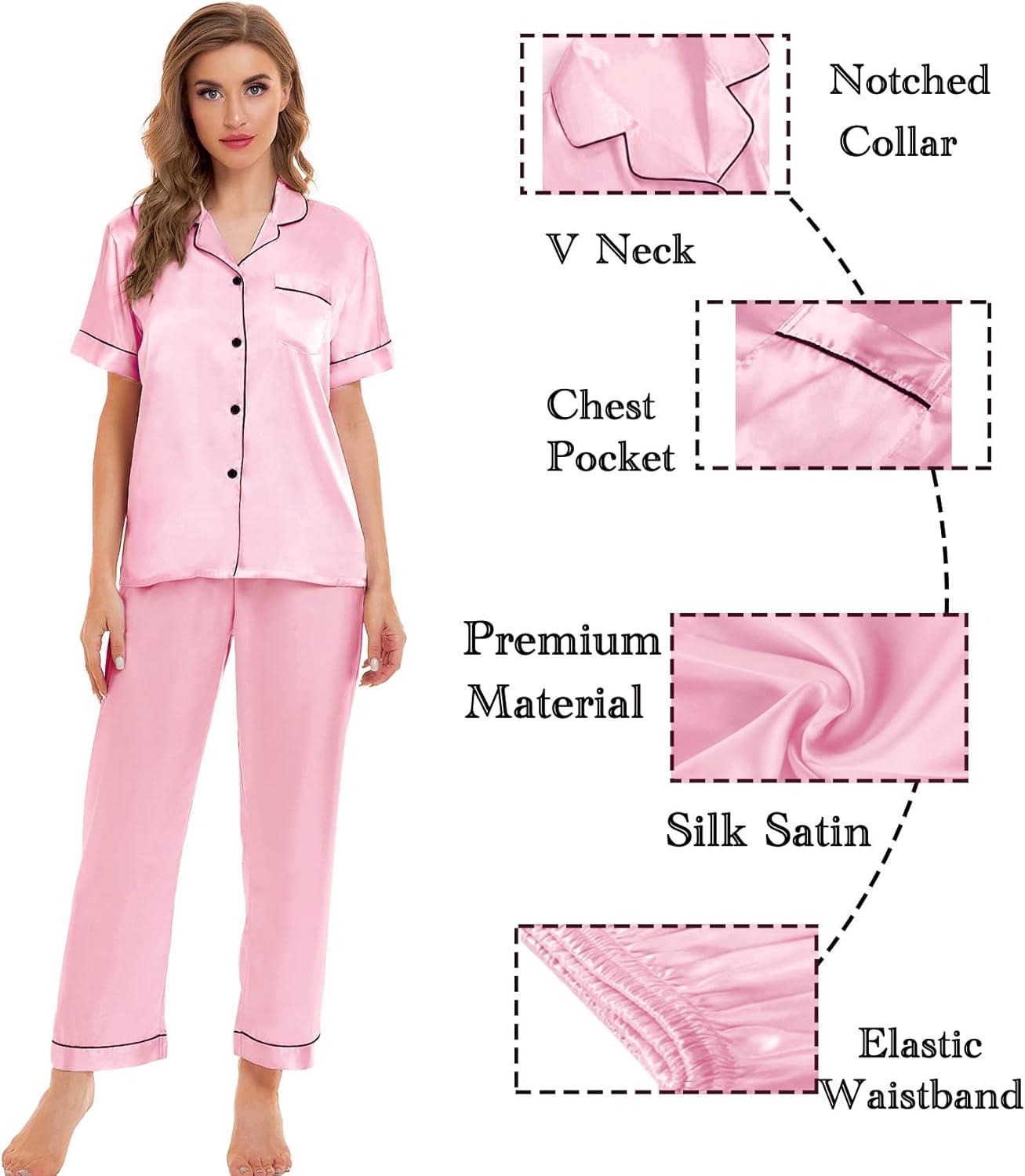 imageSWOMOG Womens Silk Satin Pajamas Sets 4pcs Sleepwear Sexy Cami Shorts Set and Button Down Short Sleeve Pjs LoungewearRose Pink