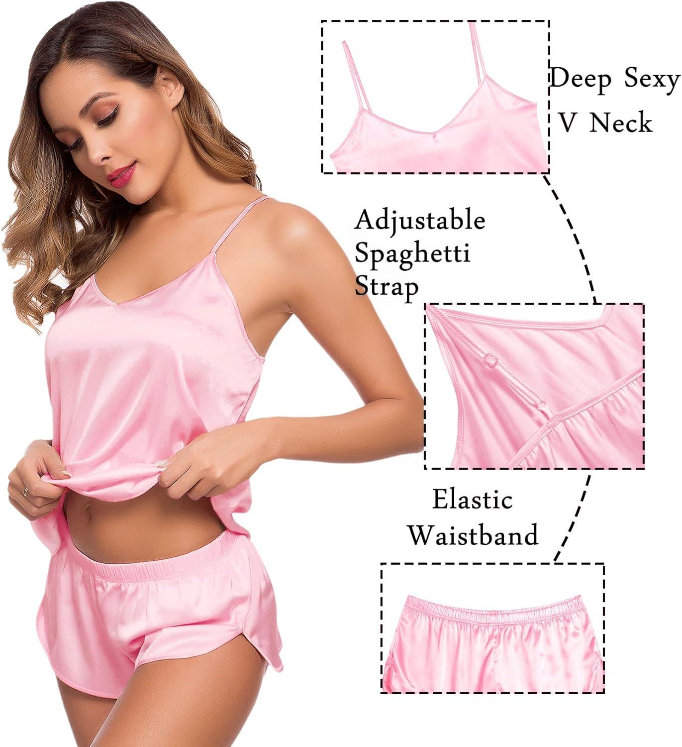 imageSWOMOG Womens Silk Satin Pajamas Sets 4pcs Sleepwear Sexy Cami Shorts Set and Button Down Short Sleeve Pjs LoungewearRose Pink