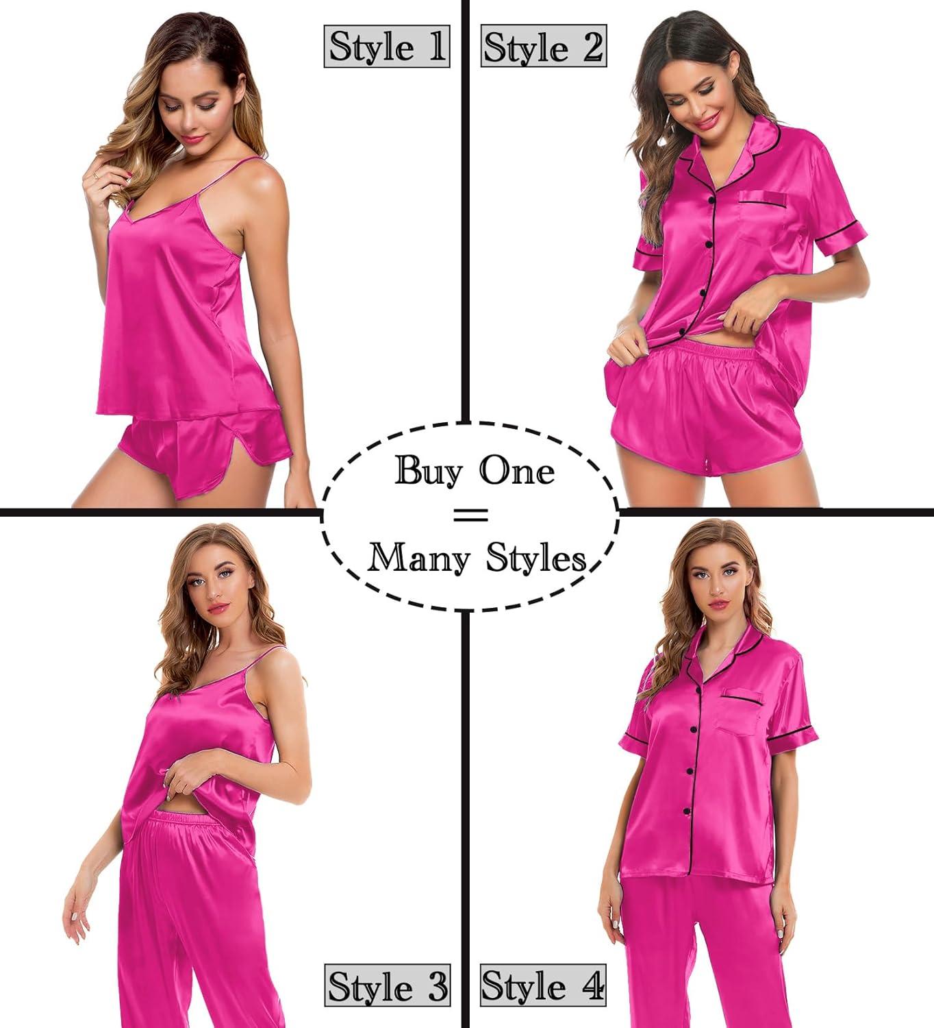 imageSWOMOG Womens Silk Satin Pajamas Sets 4pcs Sleepwear Sexy Cami Shorts Set and Button Down Short Sleeve Pjs LoungewearRose Red With Black Piping
