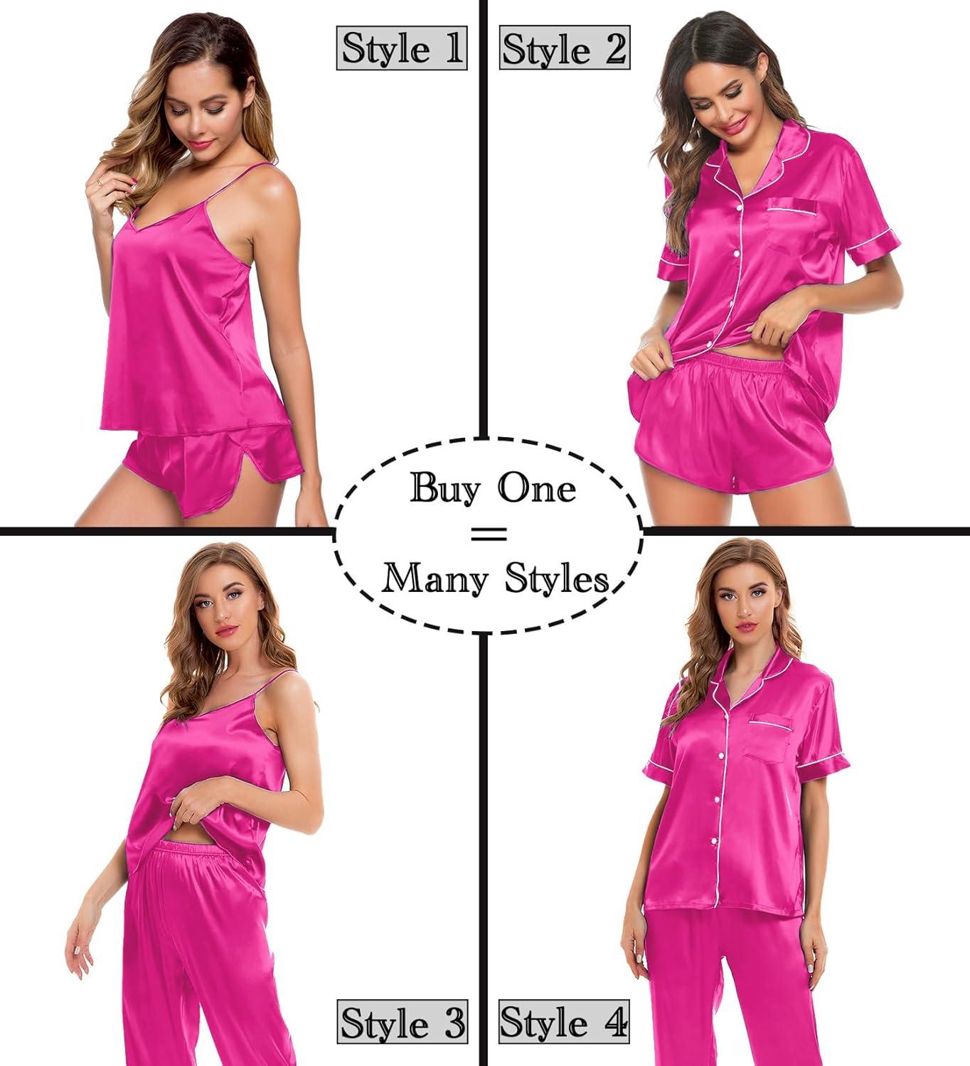 imageSWOMOG Womens Silk Satin Pajamas Sets 4pcs Sleepwear Sexy Cami Shorts Set and Button Down Short Sleeve Pjs LoungewearRose Red With White Piping