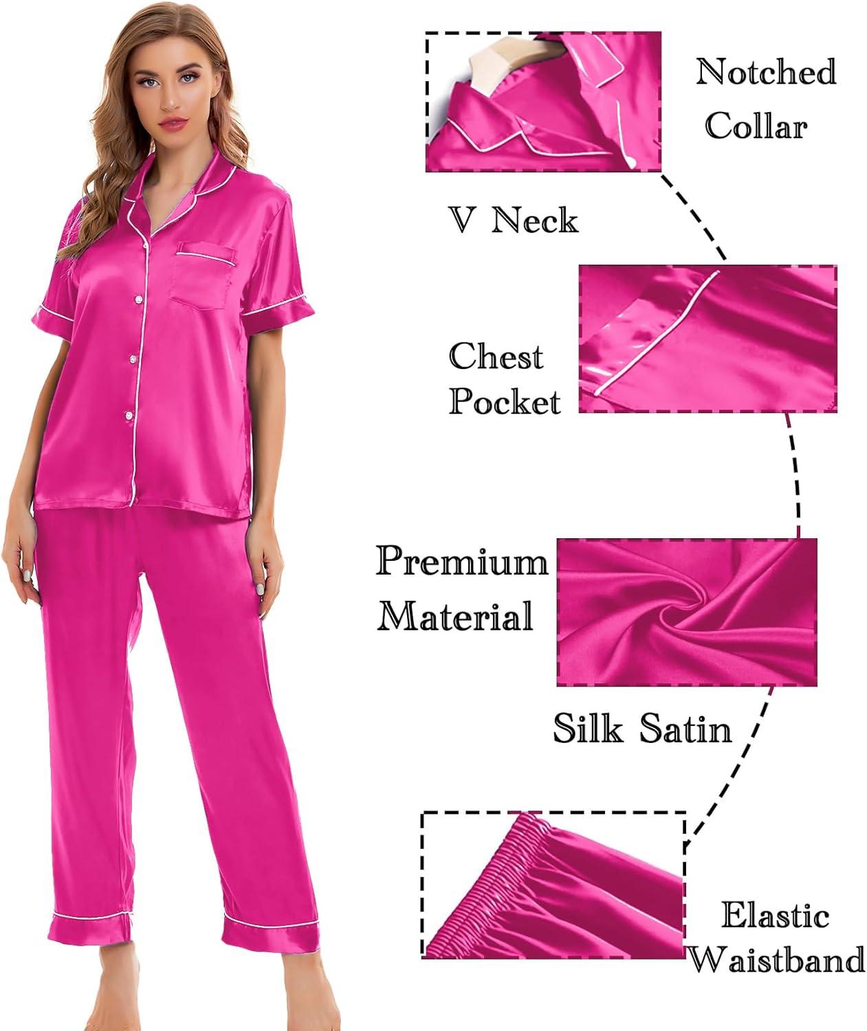 imageSWOMOG Womens Silk Satin Pajamas Sets 4pcs Sleepwear Sexy Cami Shorts Set and Button Down Short Sleeve Pjs LoungewearRose Red With White Piping