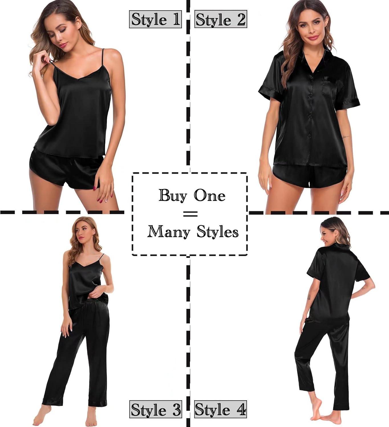 imageSWOMOG Womens Silk Satin Pajamas Sets 4pcs Sleepwear Sexy Cami Shorts Set and Button Down Short Sleeve Pjs LoungewearSolid Color Black
