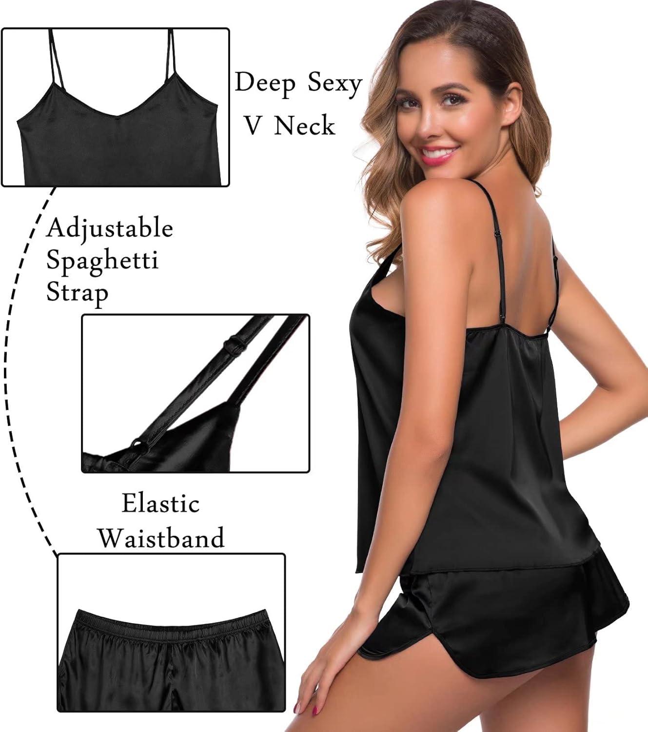 imageSWOMOG Womens Silk Satin Pajamas Sets 4pcs Sleepwear Sexy Cami Shorts Set and Button Down Short Sleeve Pjs LoungewearSolid Color Black