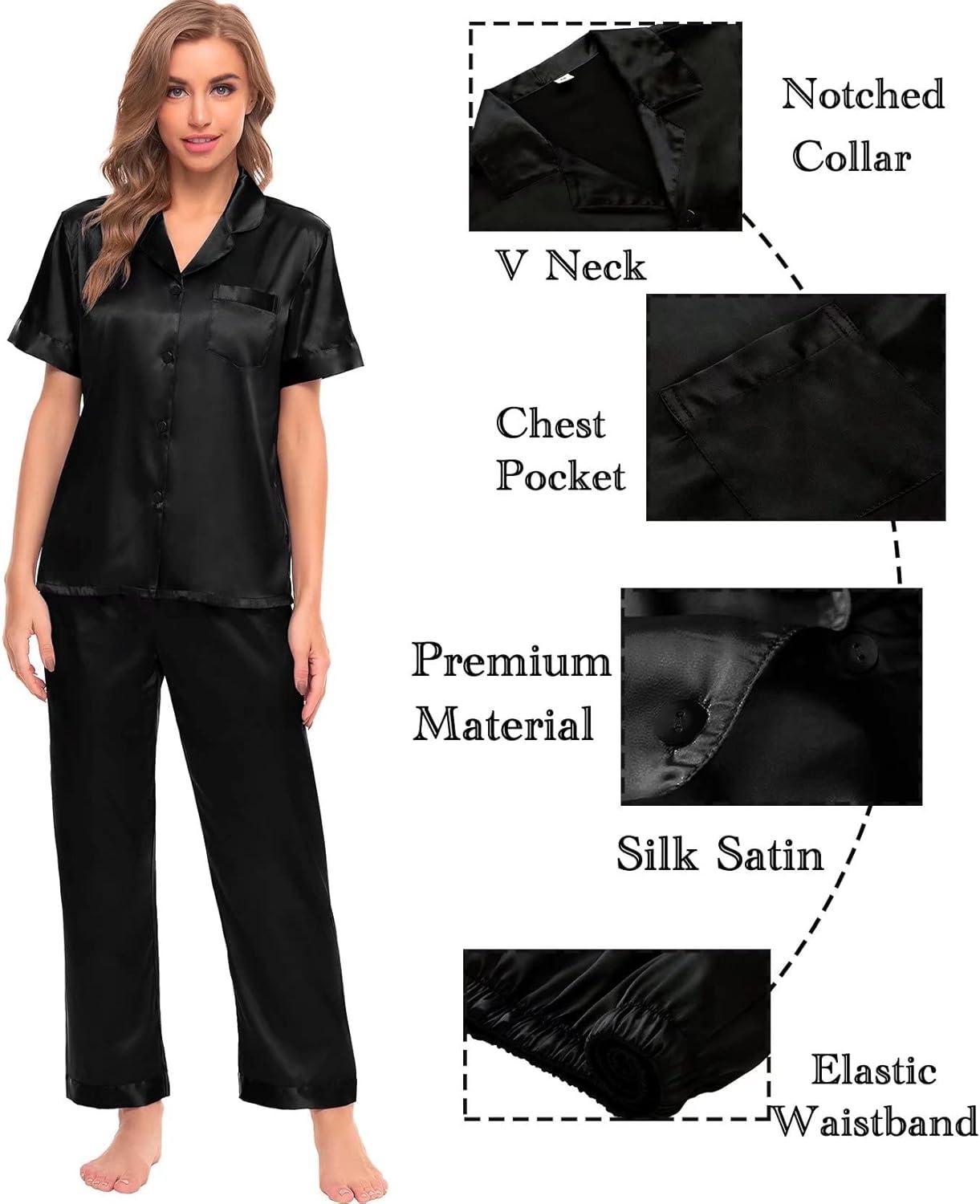 imageSWOMOG Womens Silk Satin Pajamas Sets 4pcs Sleepwear Sexy Cami Shorts Set and Button Down Short Sleeve Pjs LoungewearSolid Color Black