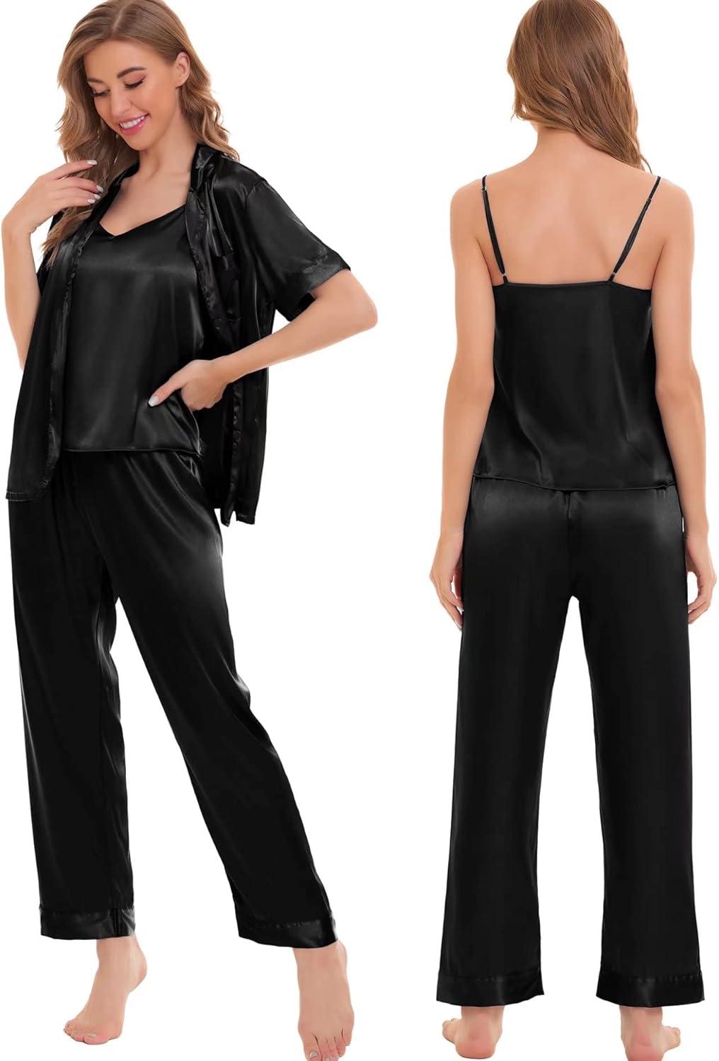 imageSWOMOG Womens Silk Satin Pajamas Sets 4pcs Sleepwear Sexy Cami Shorts Set and Button Down Short Sleeve Pjs LoungewearSolid Color Black