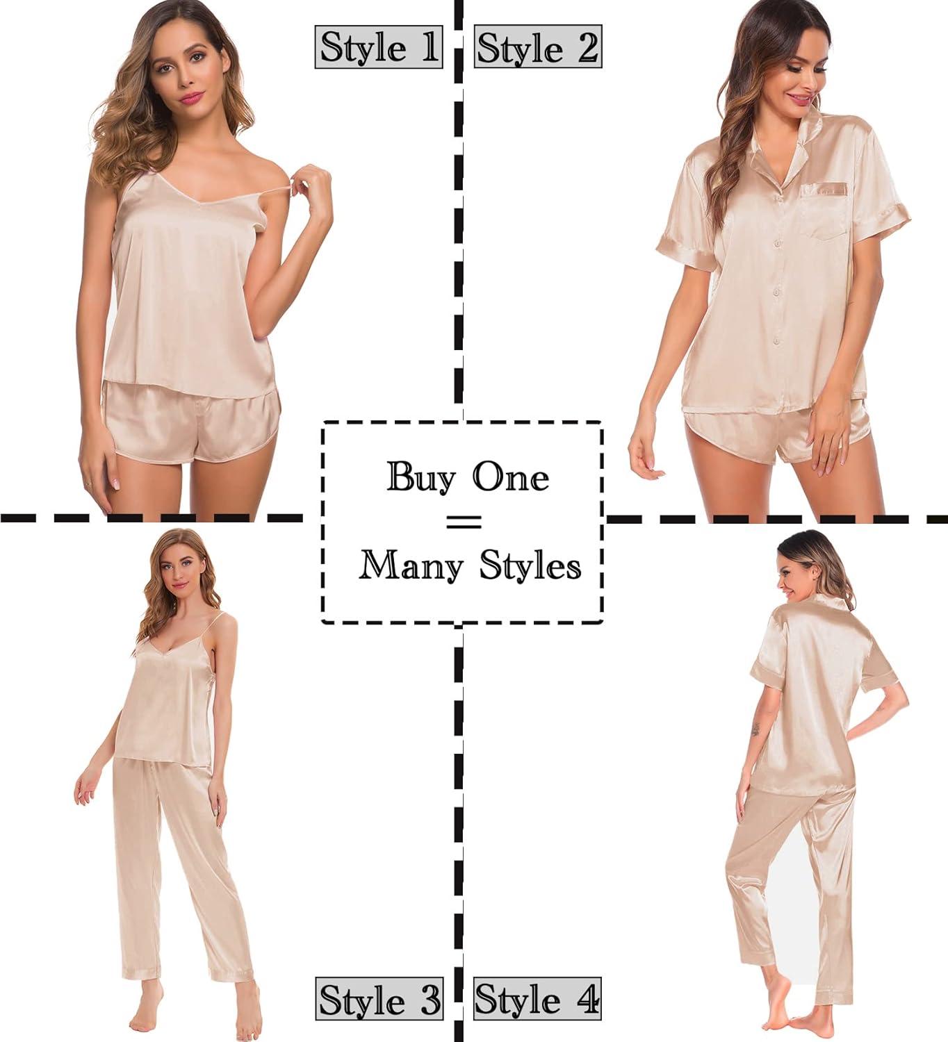 imageSWOMOG Womens Silk Satin Pajamas Sets 4pcs Sleepwear Sexy Cami Shorts Set and Button Down Short Sleeve Pjs LoungewearSolid Color Champagne
