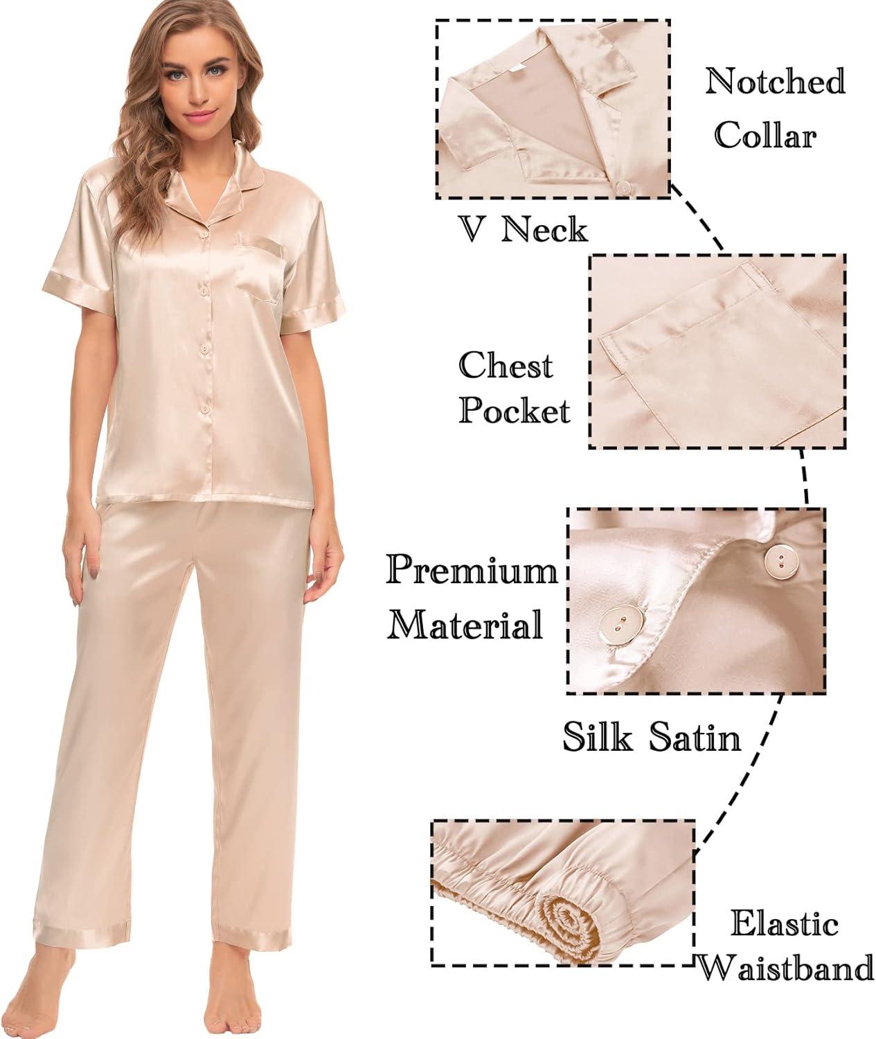 imageSWOMOG Womens Silk Satin Pajamas Sets 4pcs Sleepwear Sexy Cami Shorts Set and Button Down Short Sleeve Pjs LoungewearSolid Color Champagne
